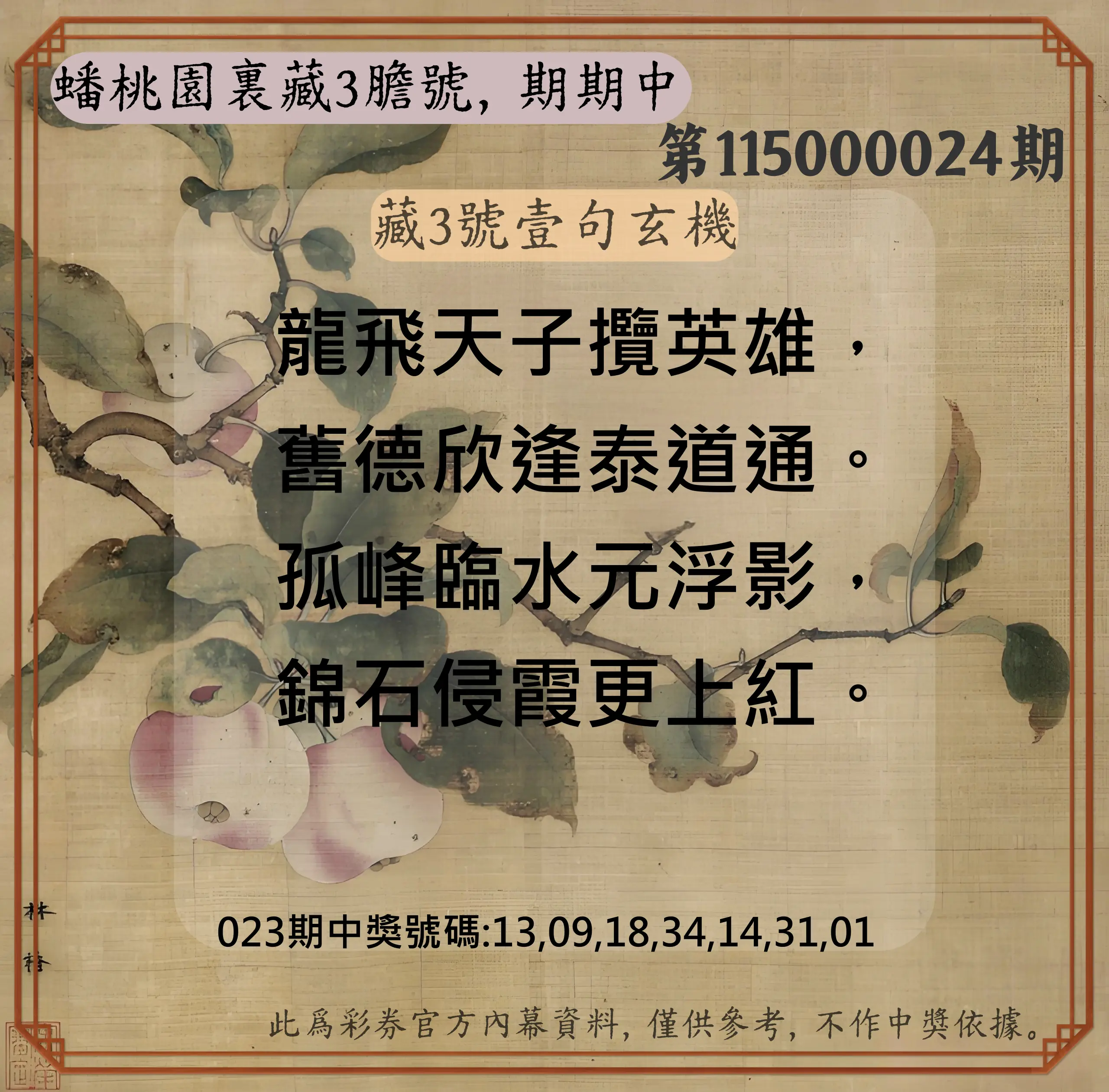 威力彩第115000024期(03/23)蟠桃園裏藏3膽號，期期中
