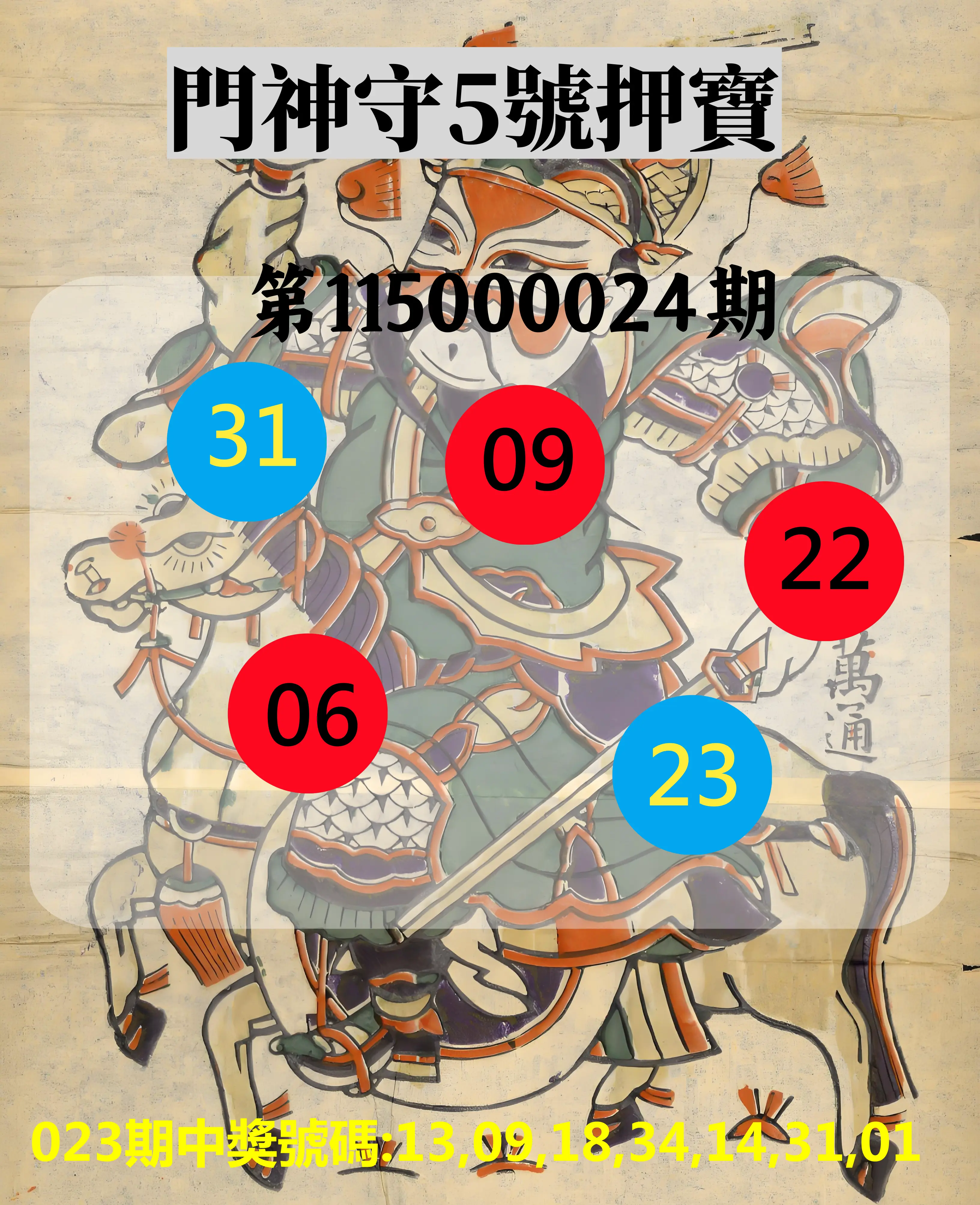 威力彩第115000024期(03/23)門神守5號押寶