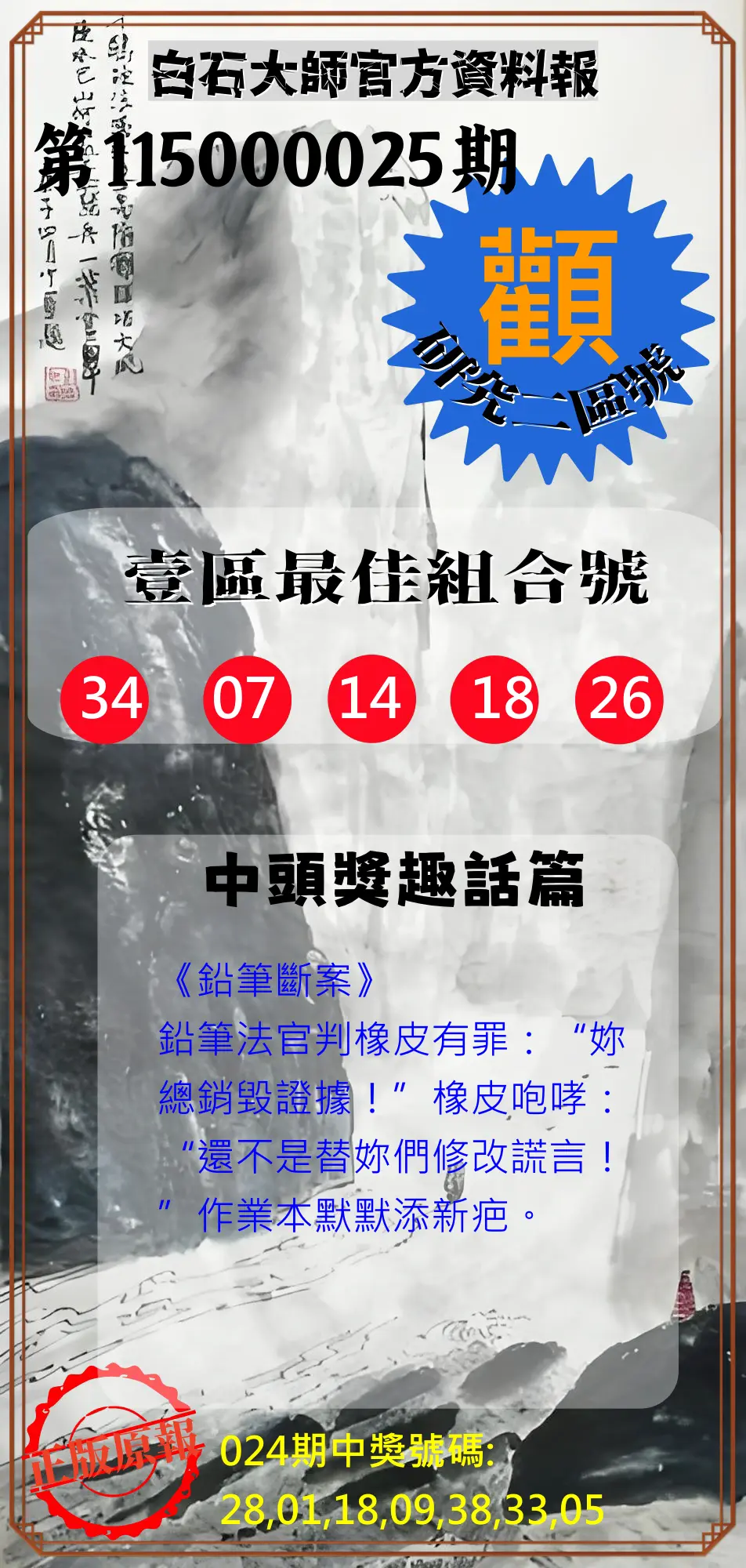 威力彩第115000025期(03/26)白石大師官方資料報