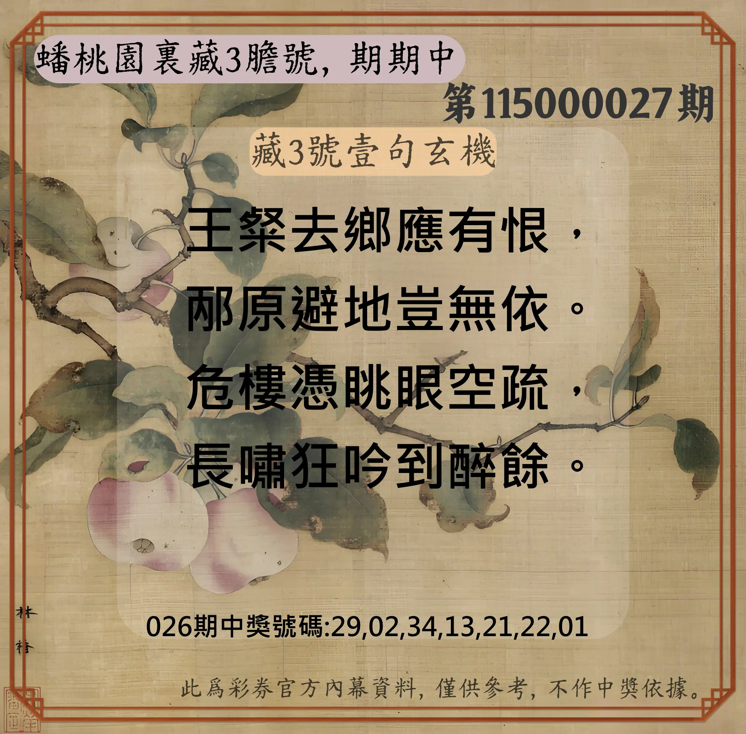 威力彩第115000027期(04/02)蟠桃園裏藏3膽號，期期中