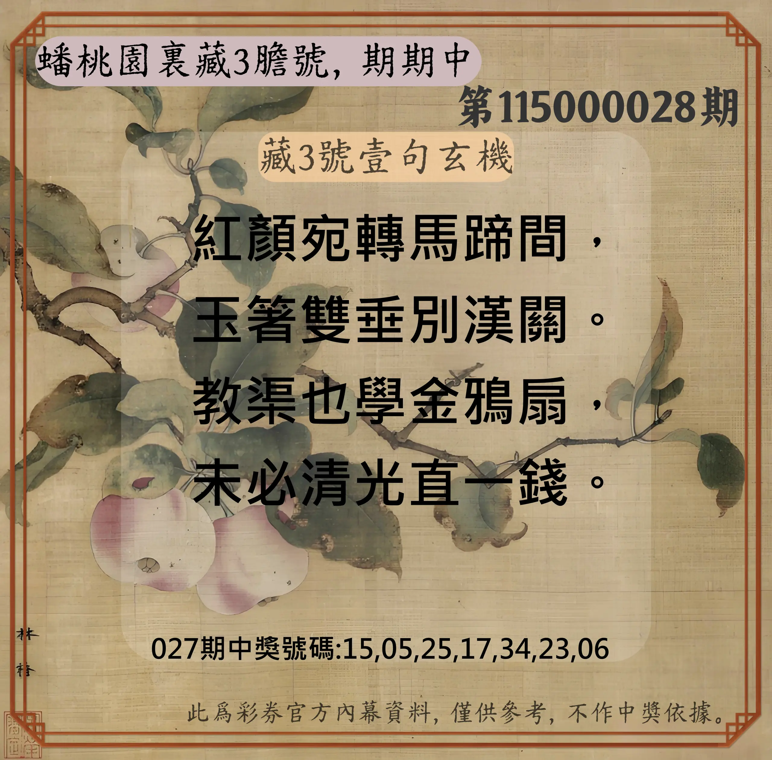 威力彩第115000028期(04/06)蟠桃園裏藏3膽號，期期中