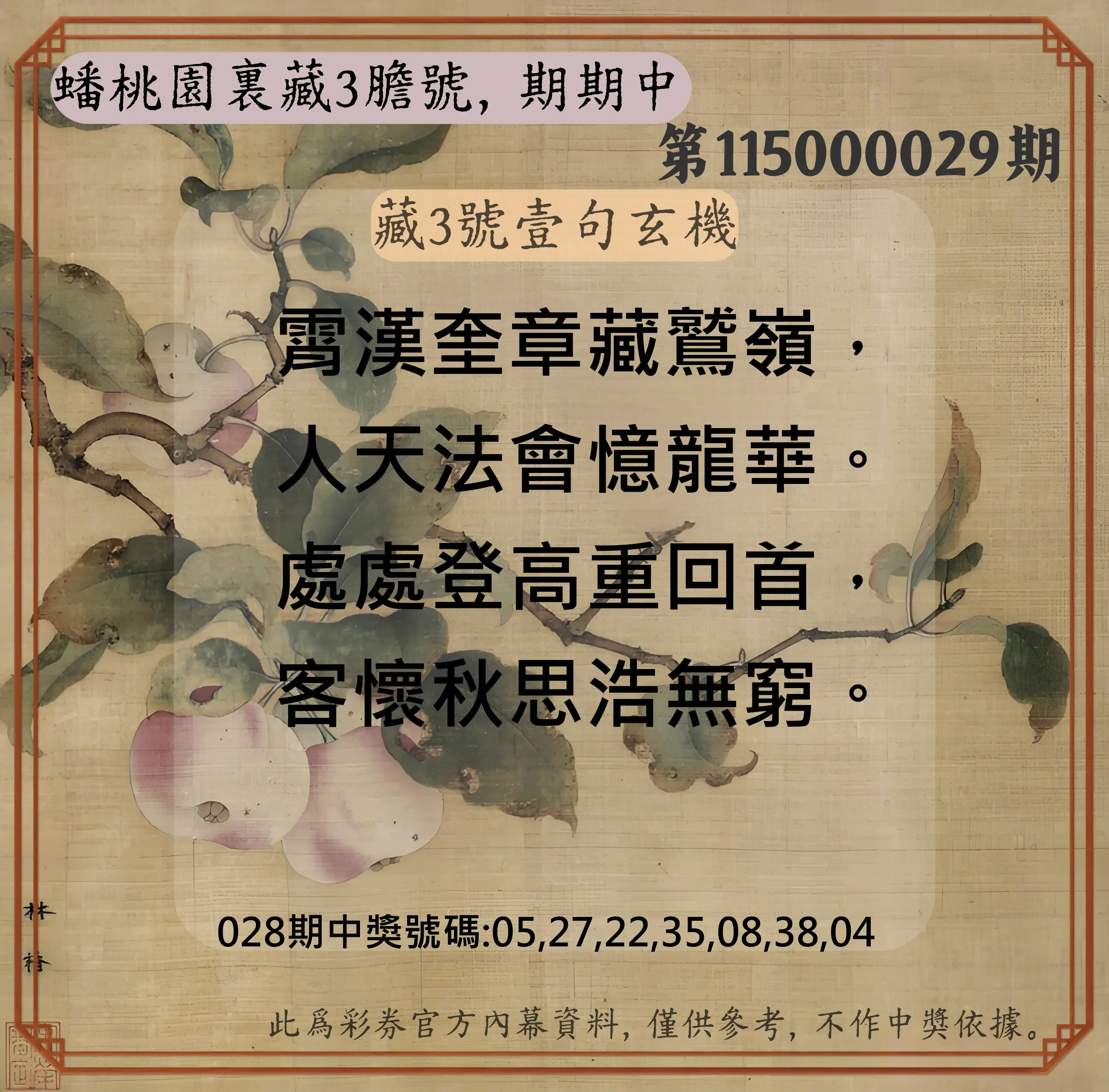 威力彩第115000029期(04/09)蟠桃園裏藏3膽號，期期中