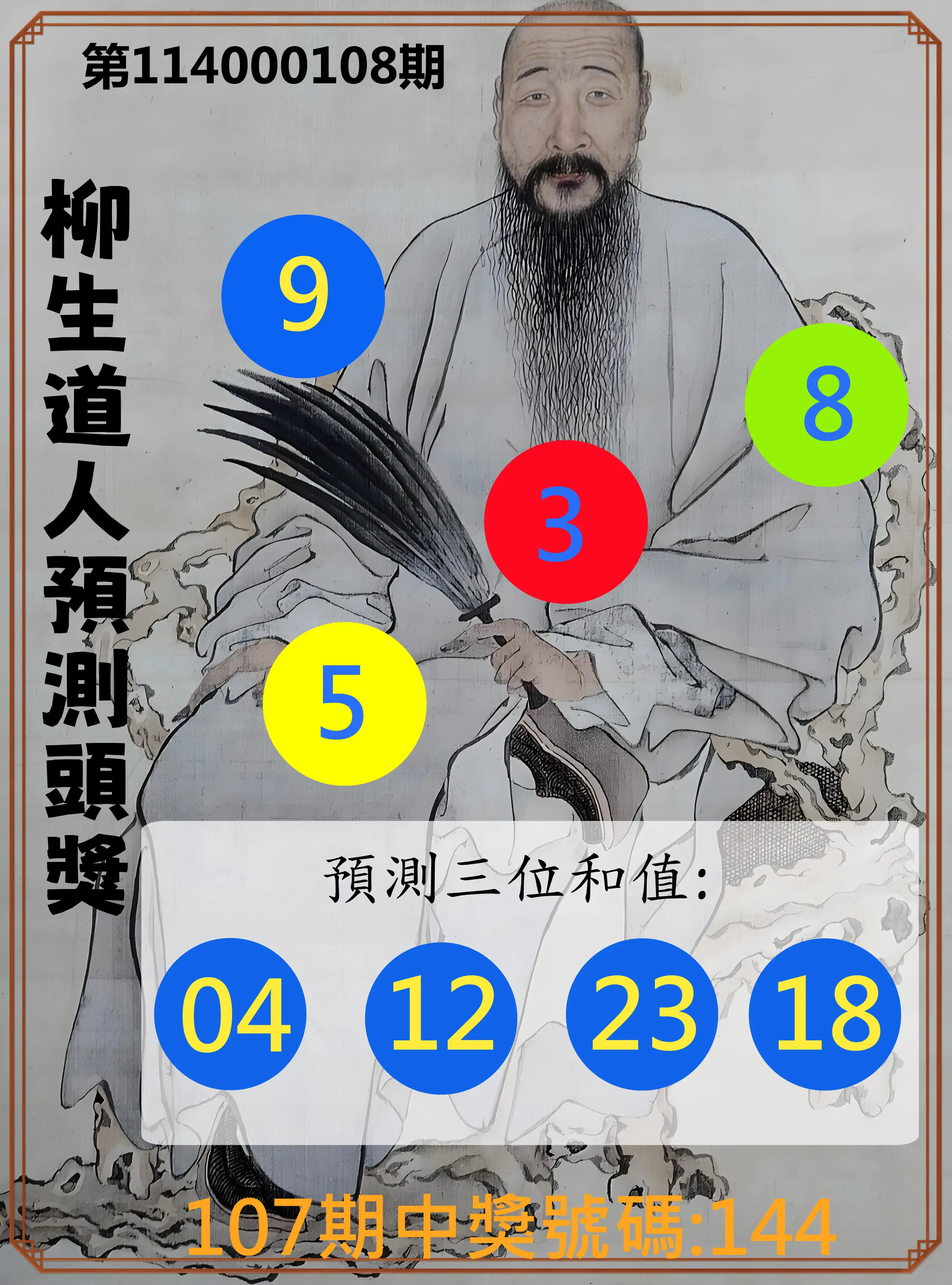 3星彩第114000108期柳生道人預測頭獎