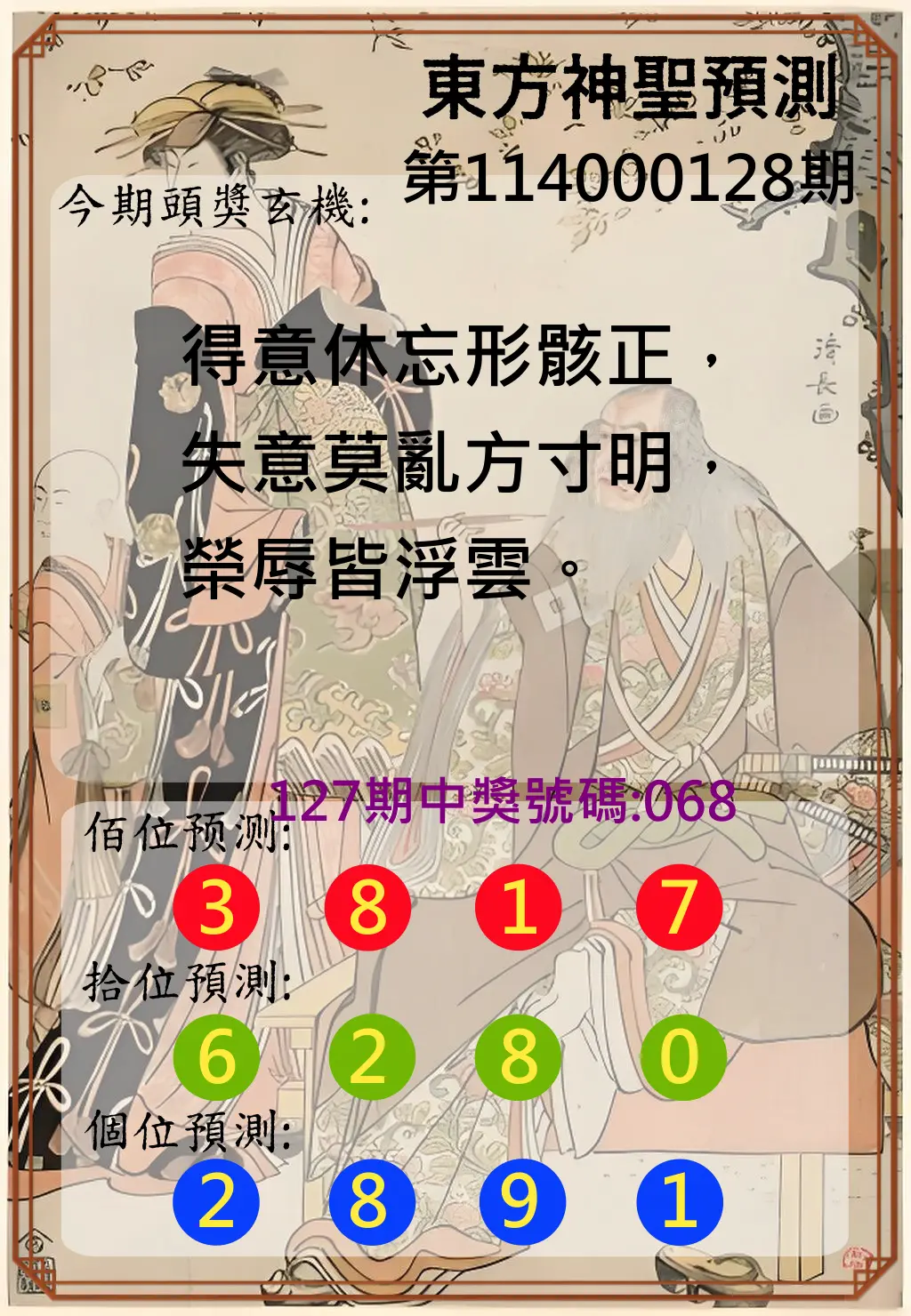 3星彩第114000128期東方神聖預測