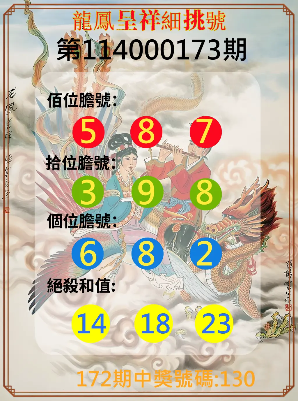 3星彩第114000173期(07/17)龍鳳呈祥細挑號