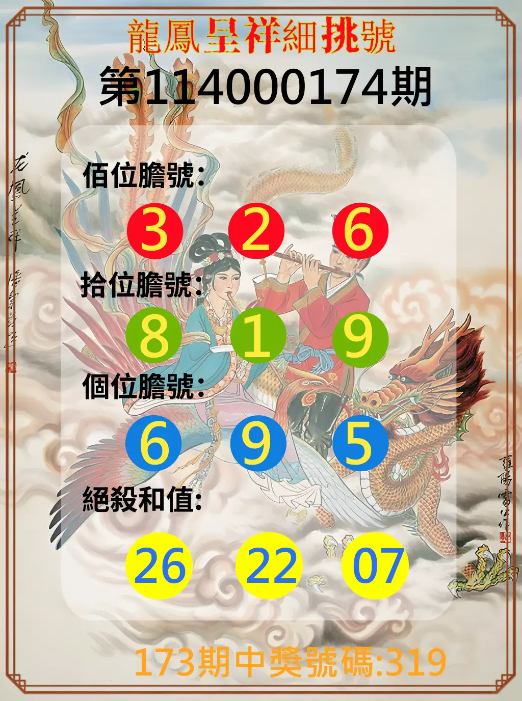 3星彩第114000174期(07/18)龍鳳呈祥細挑號