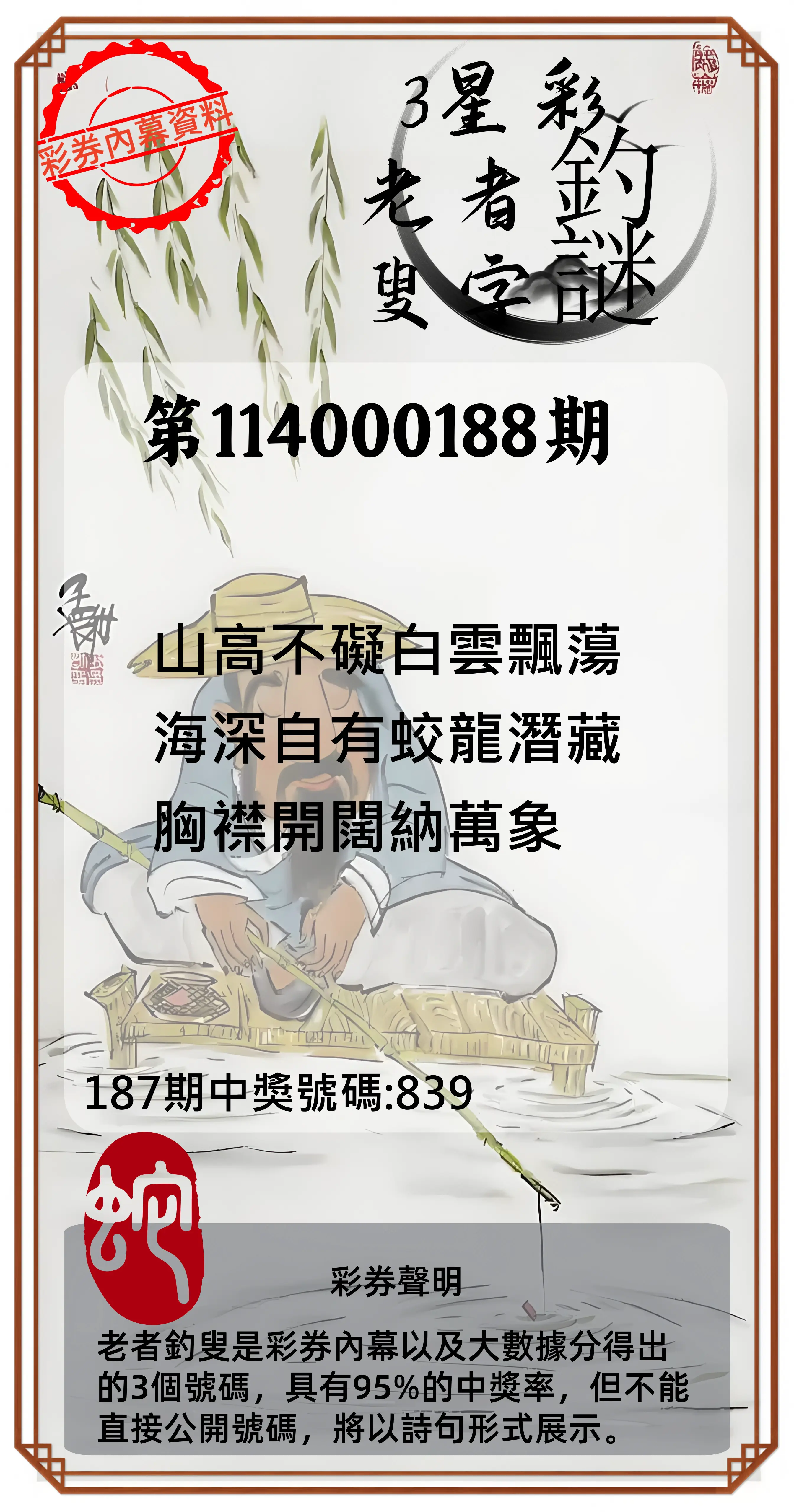 3星彩第114000188期(08/04)老者釣叟頭獎