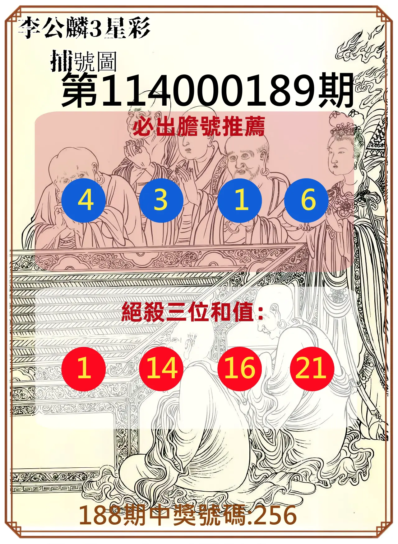 3星彩第114000189期(08/05)李公麟3星彩捕號圖