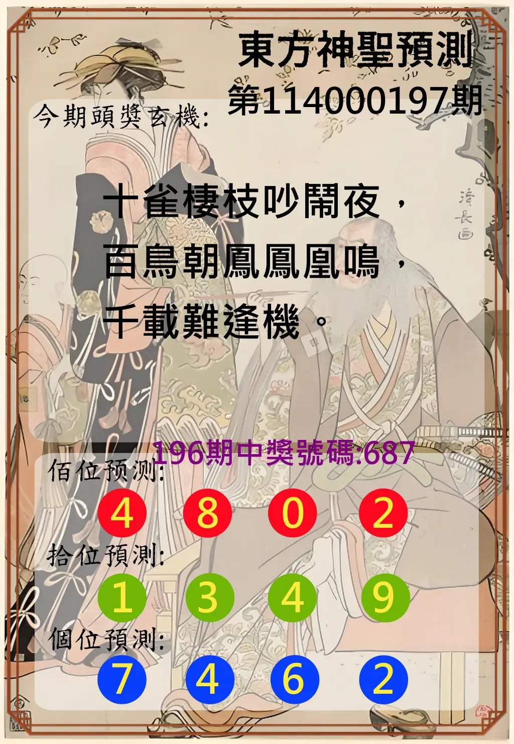 3星彩第114000197期(08/14)東方神聖預測