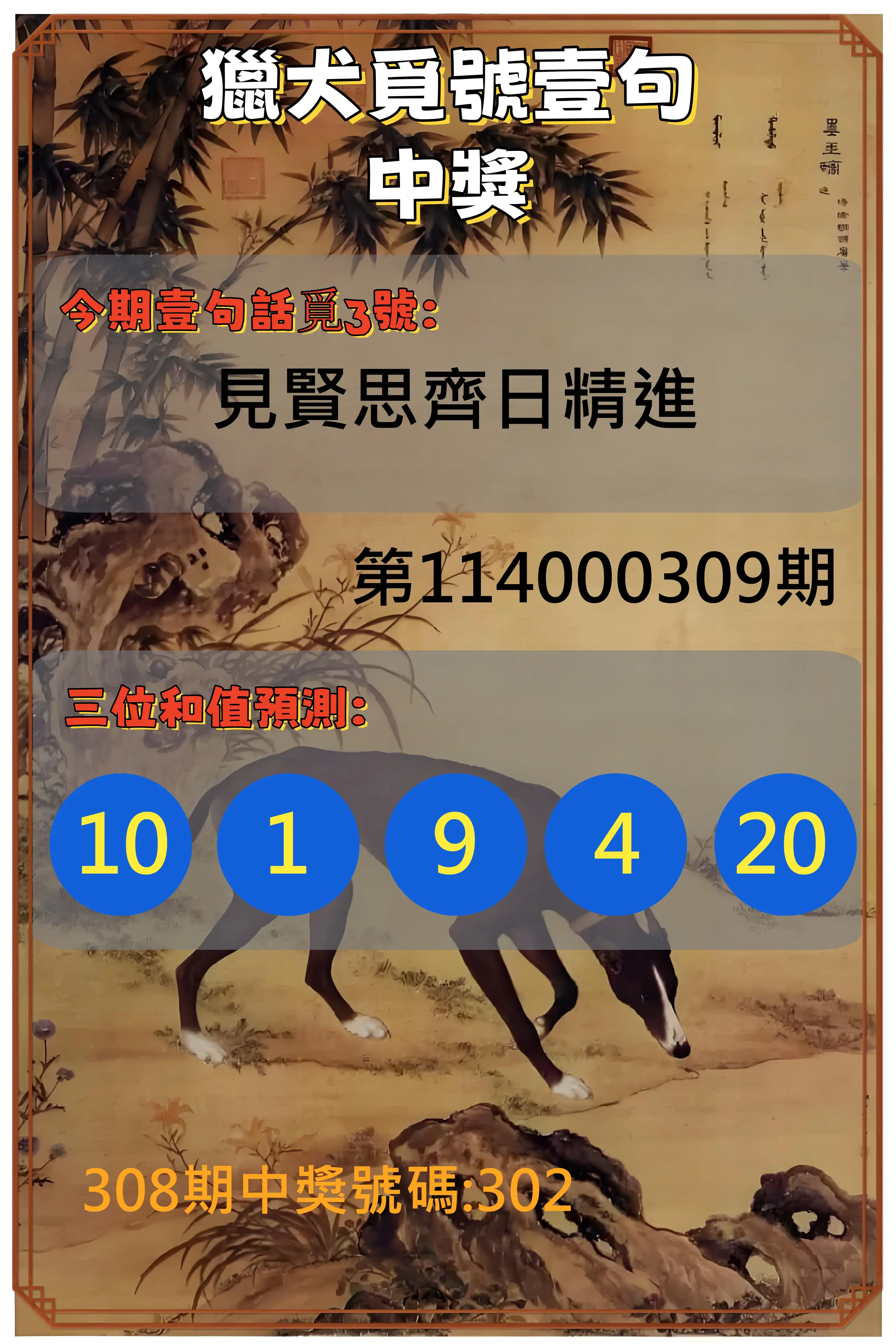 3星彩第114000309期(12/23)獵犬覓號壹句中獎