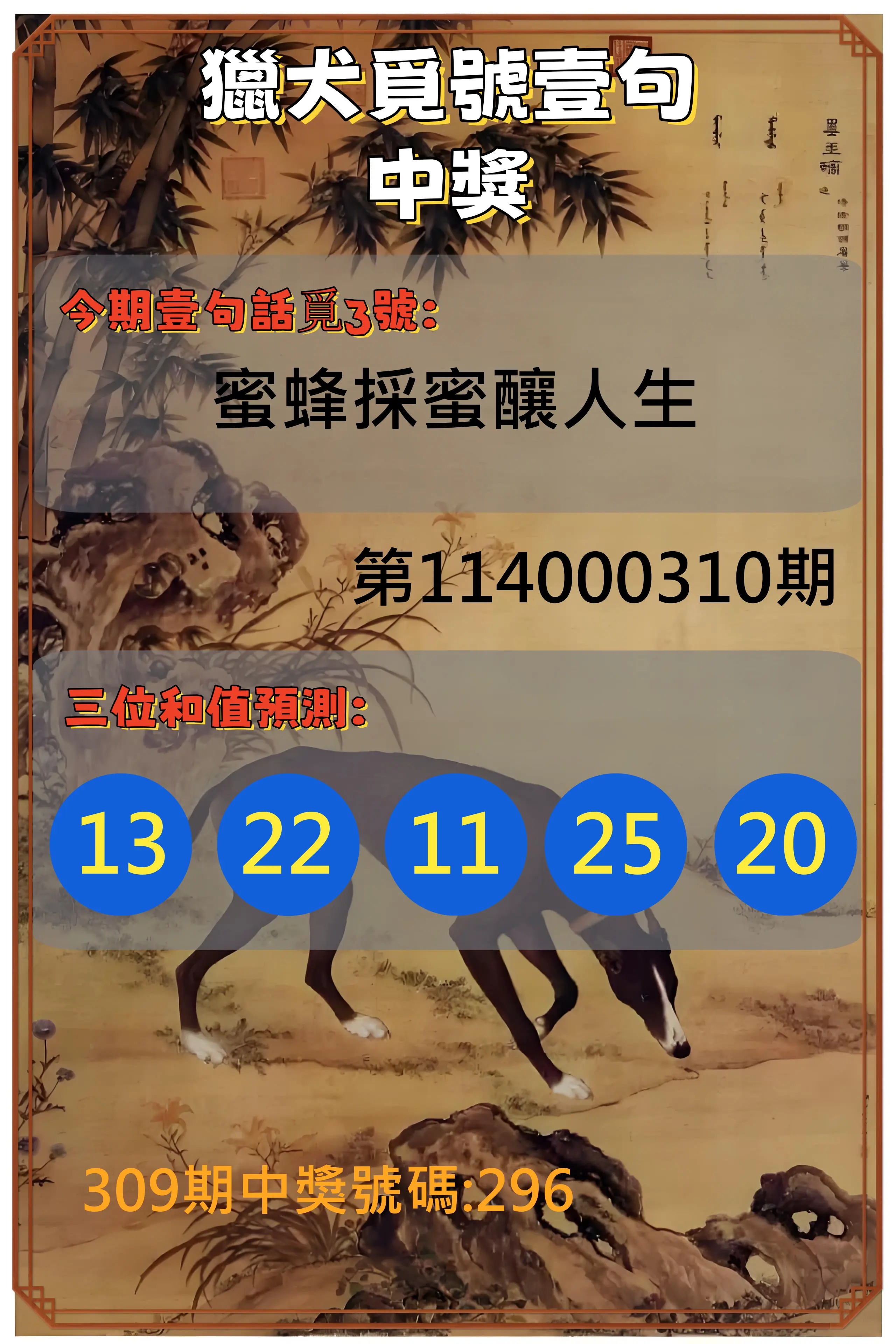 3星彩第114000310期(12/24)獵犬覓號壹句中獎