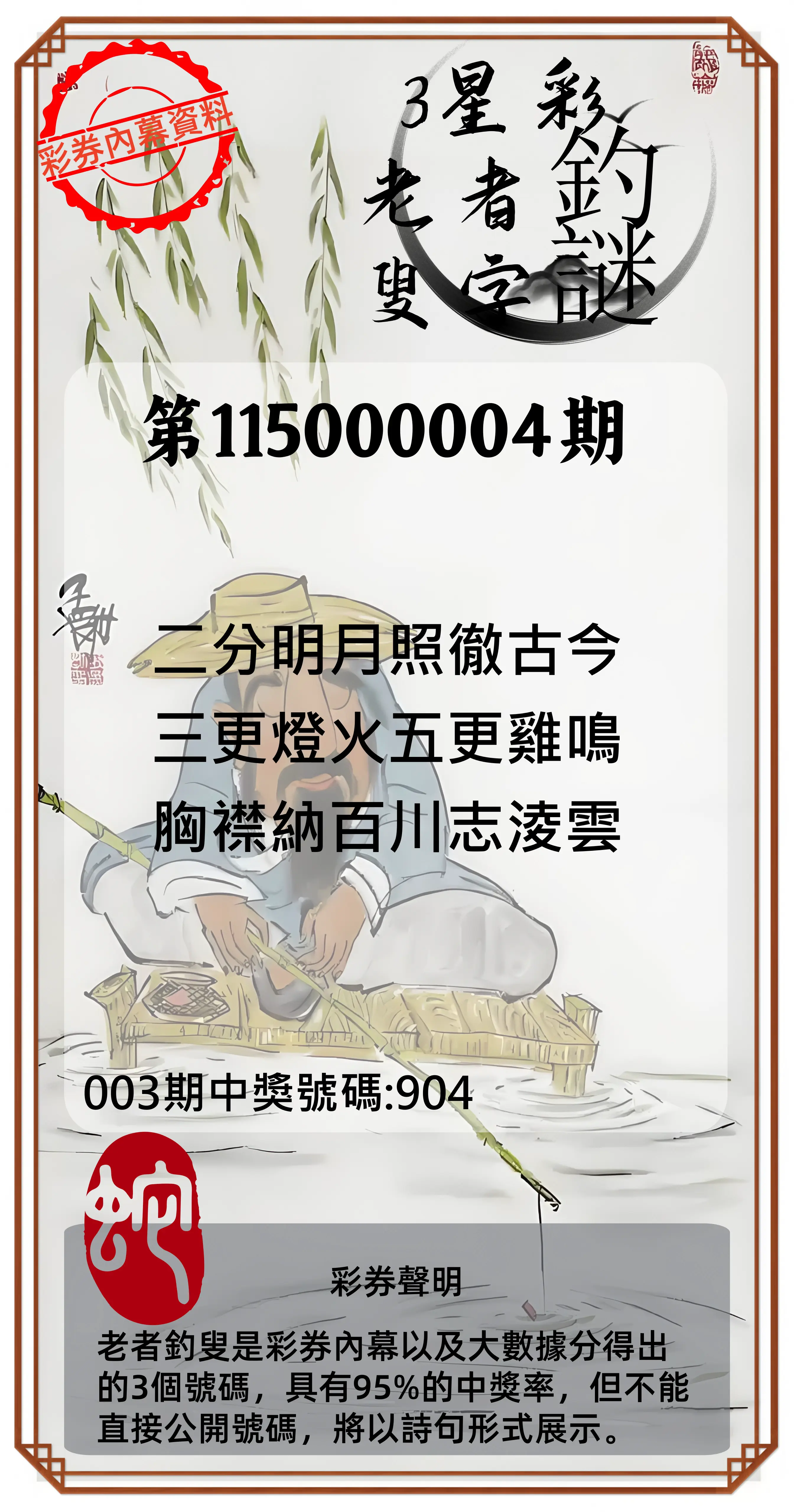 3星彩第115000004期(01/05)老者釣叟頭獎