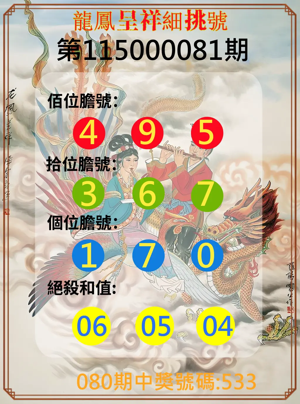 3星彩第115000081期(04/01)龍鳳呈祥細挑號