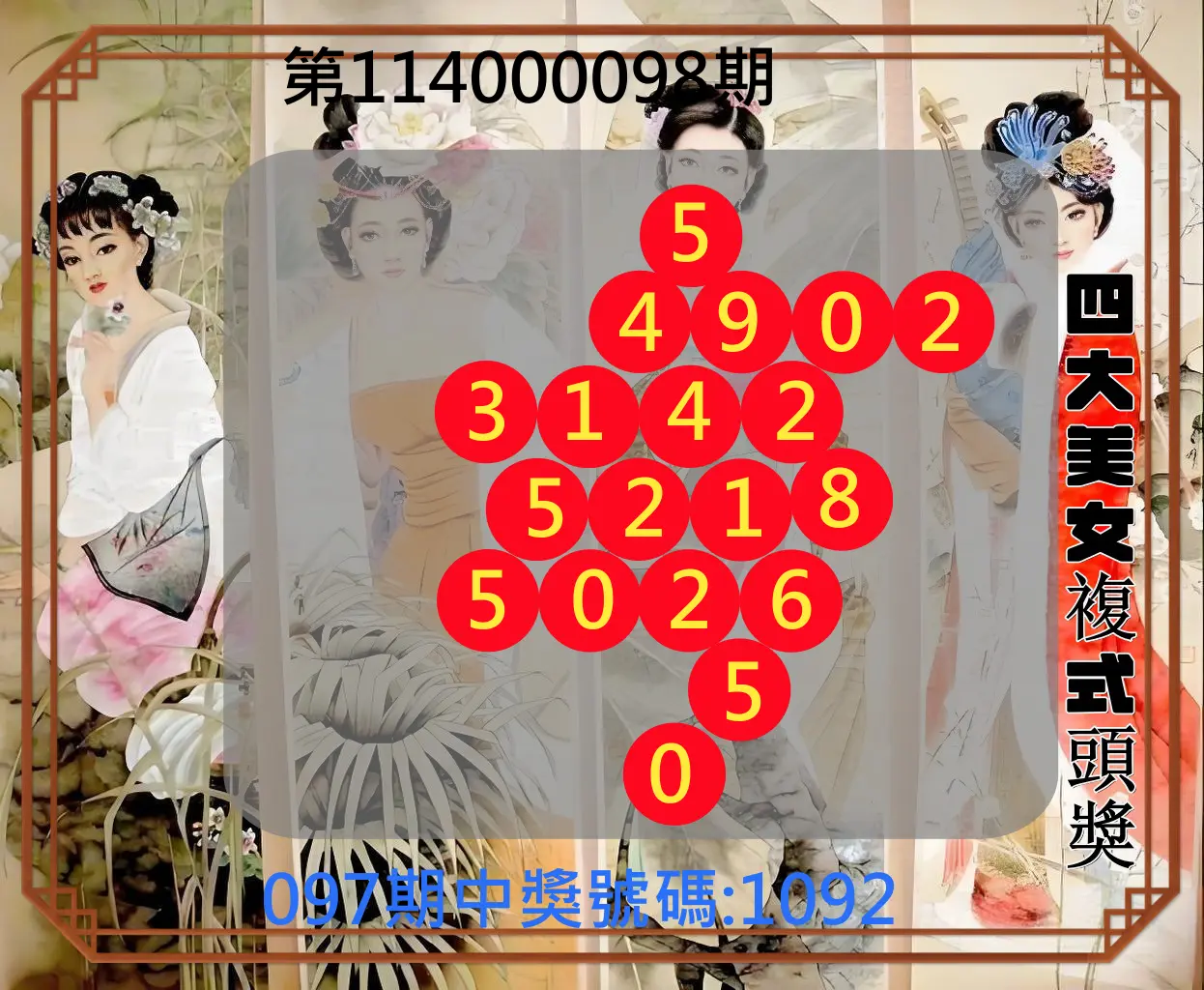 4星彩第114000098期四大美女複式頭獎