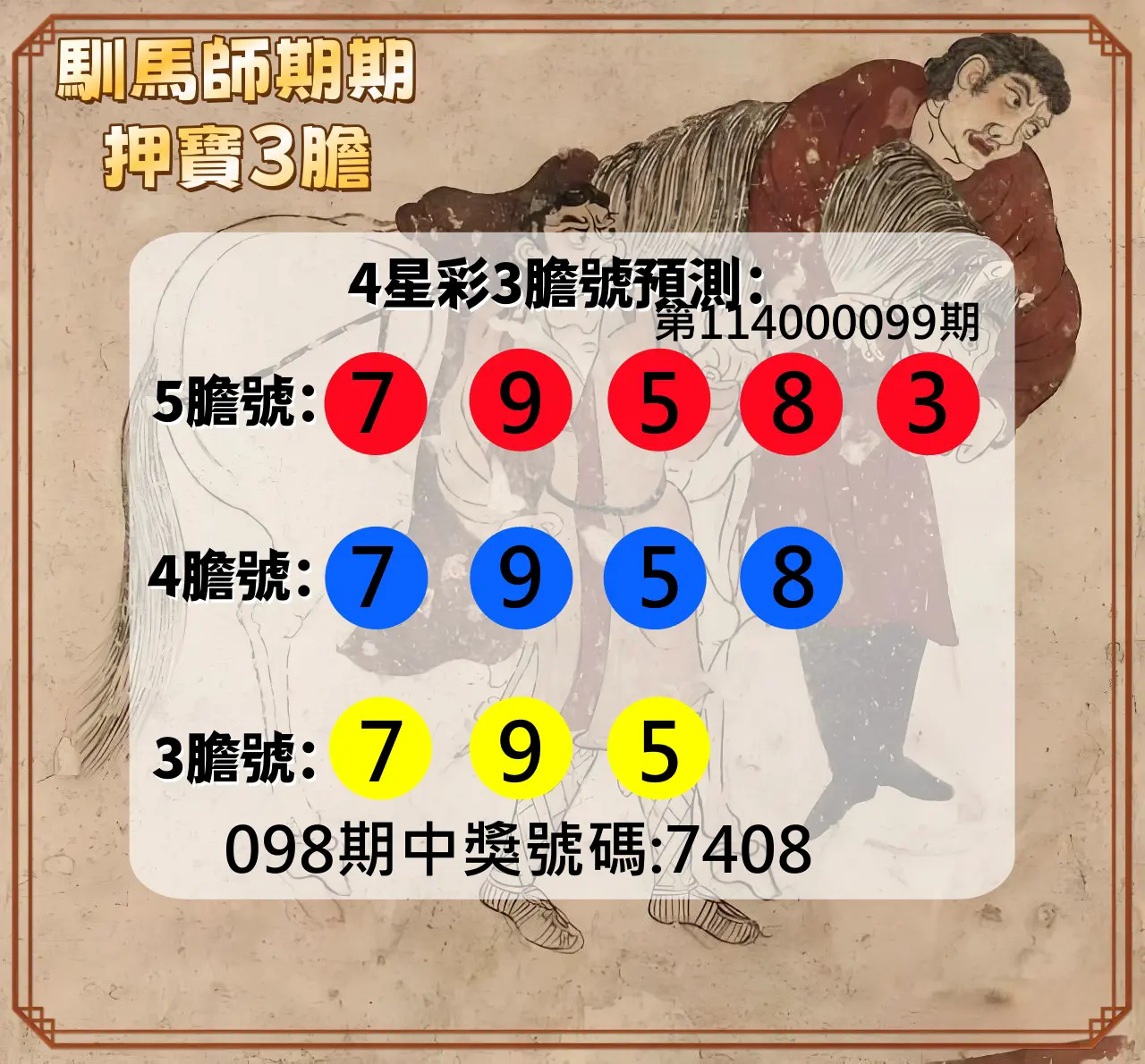 4星彩第114000099期馴馬師期期押寶3膽