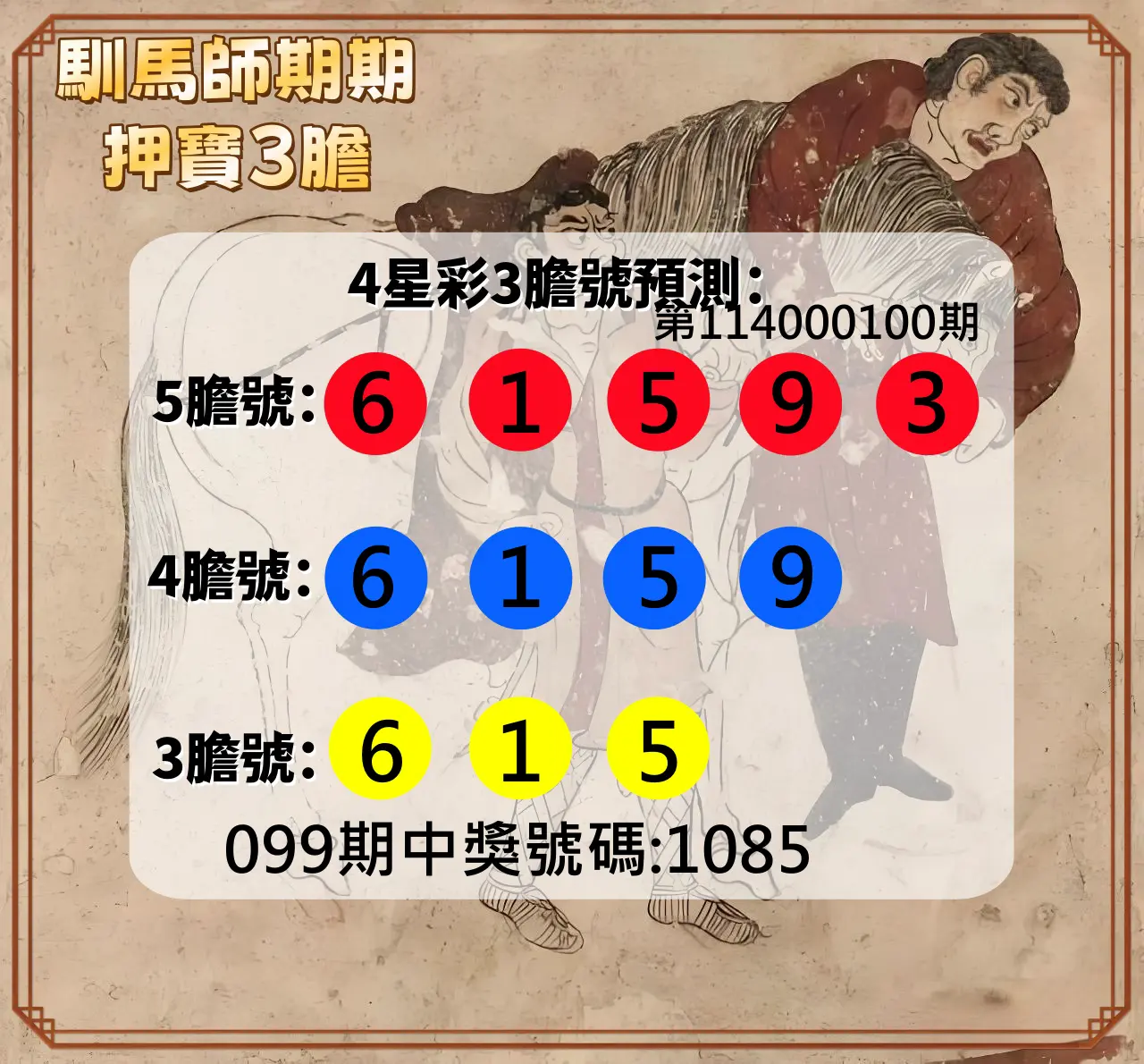 4星彩第114000100期馴馬師期期押寶3膽