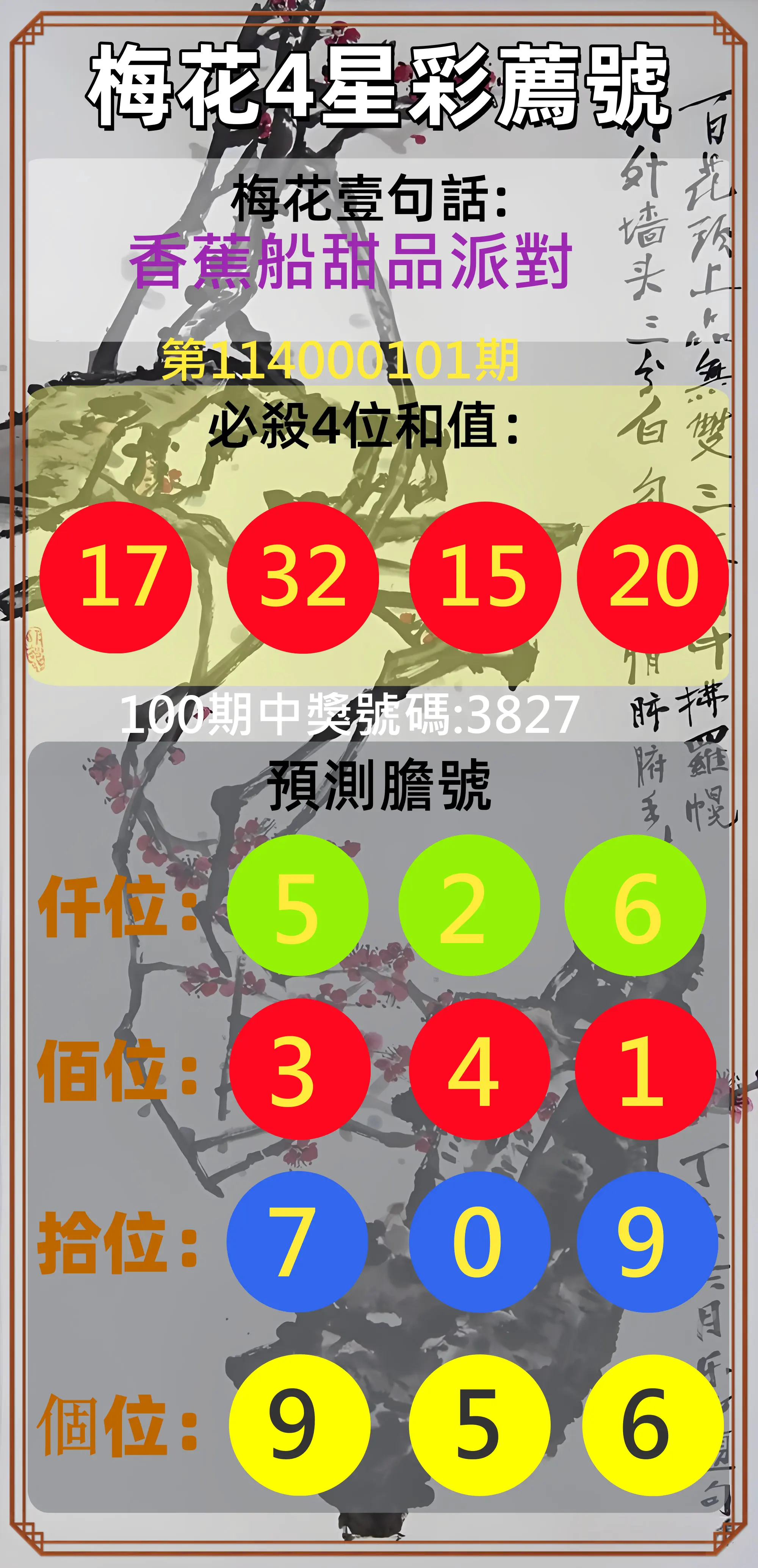 4星彩第114000101期梅花4星彩薦號