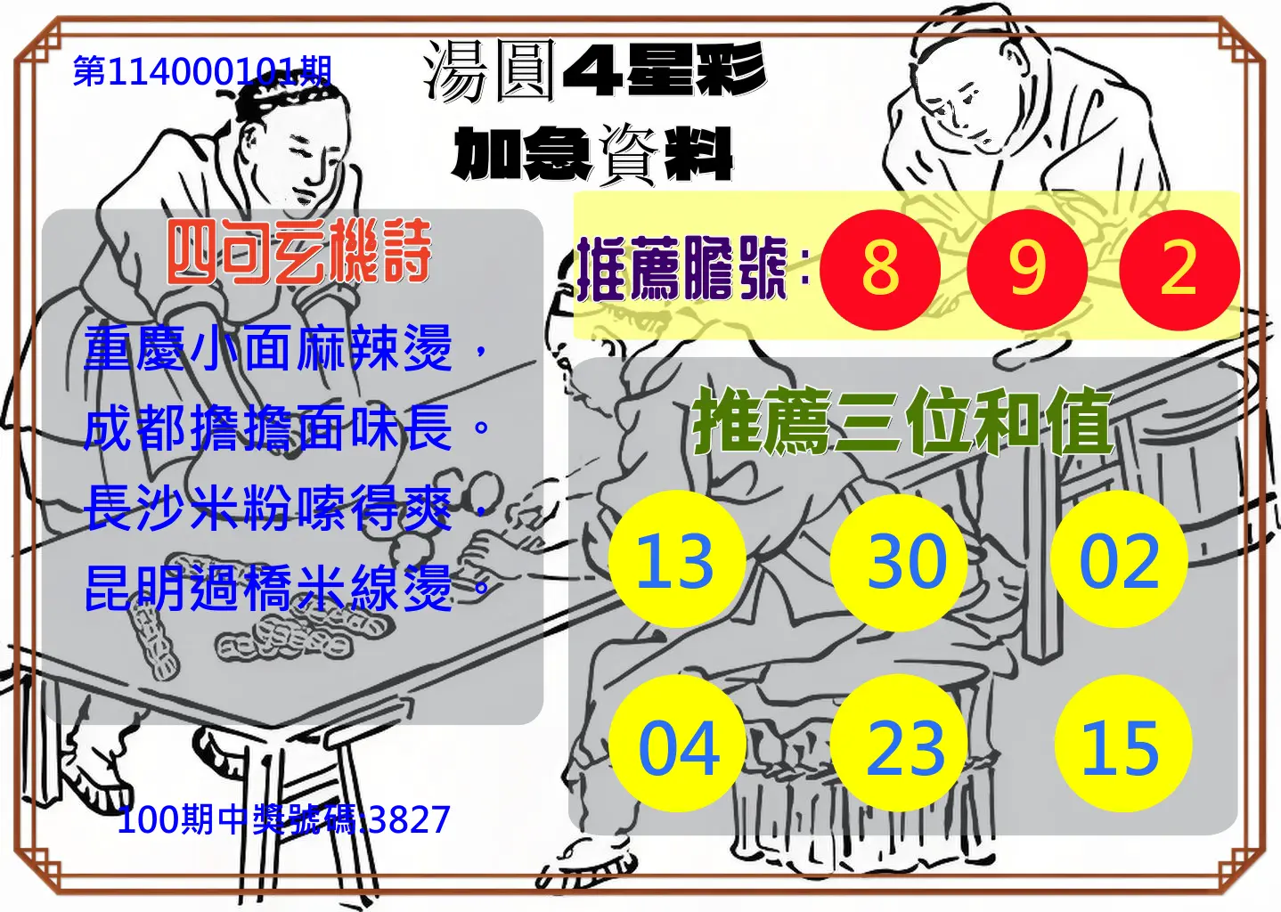4星彩第114000101期湯圓4星彩加急資料