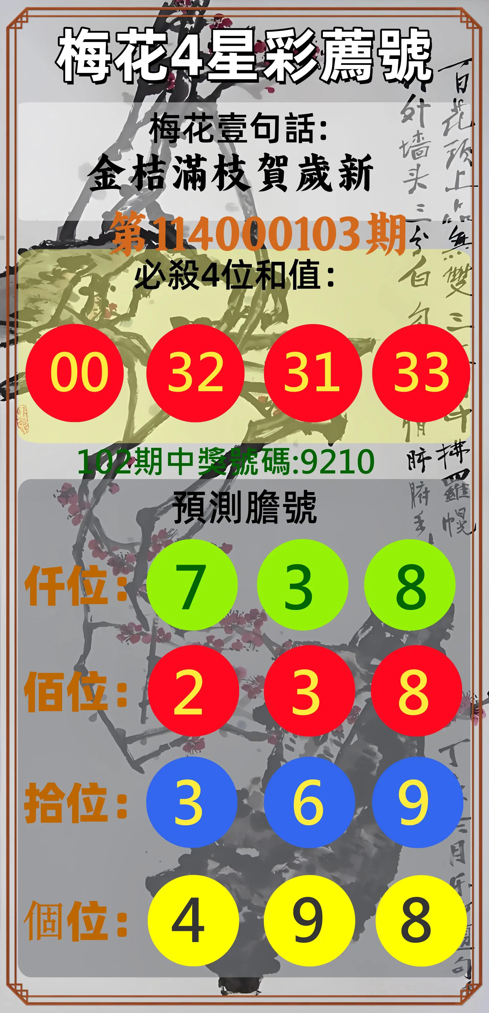 4星彩第114000103期梅花4星彩薦號