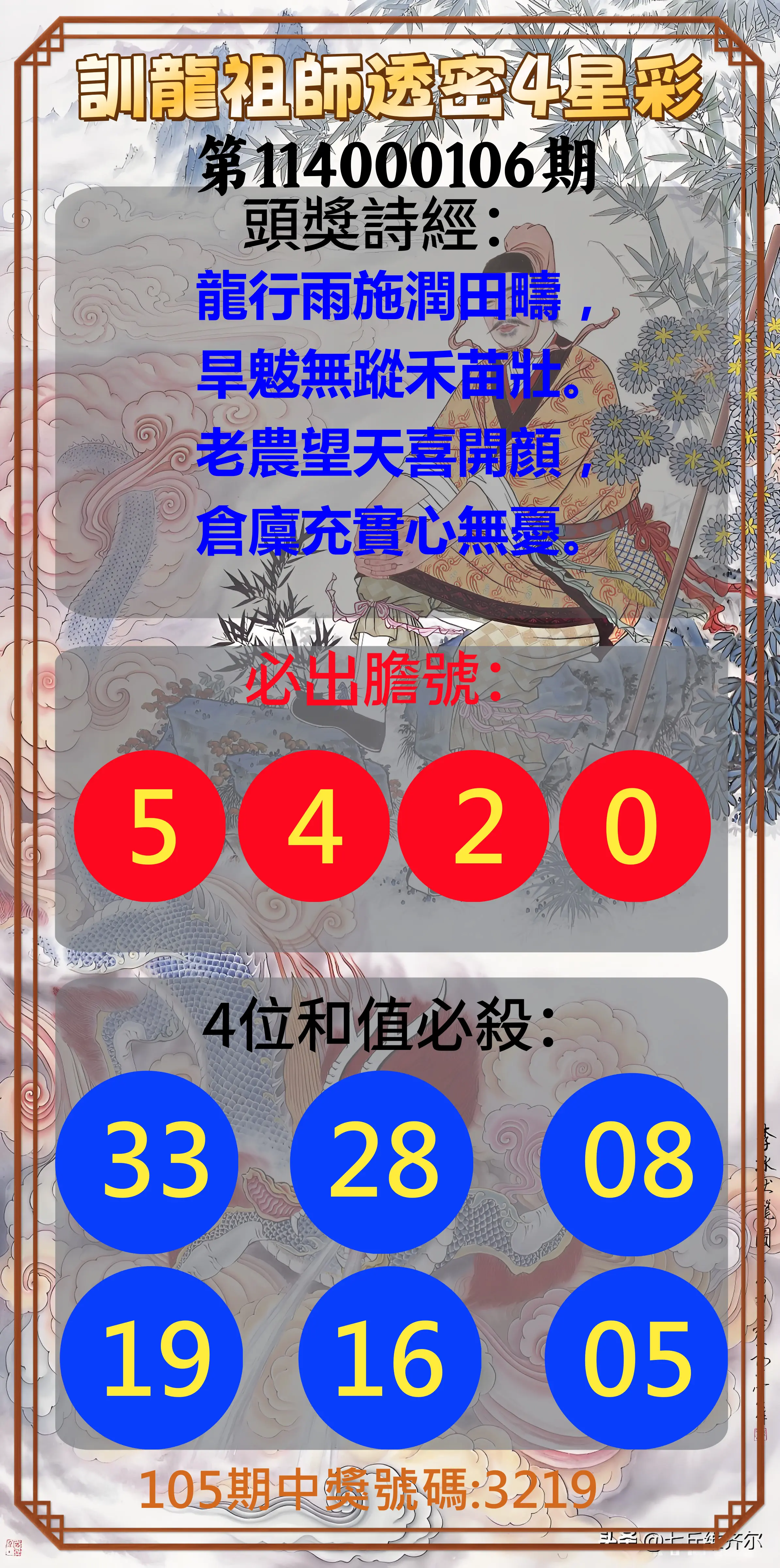 4星彩第114000106期訓龍祖師透密4星彩