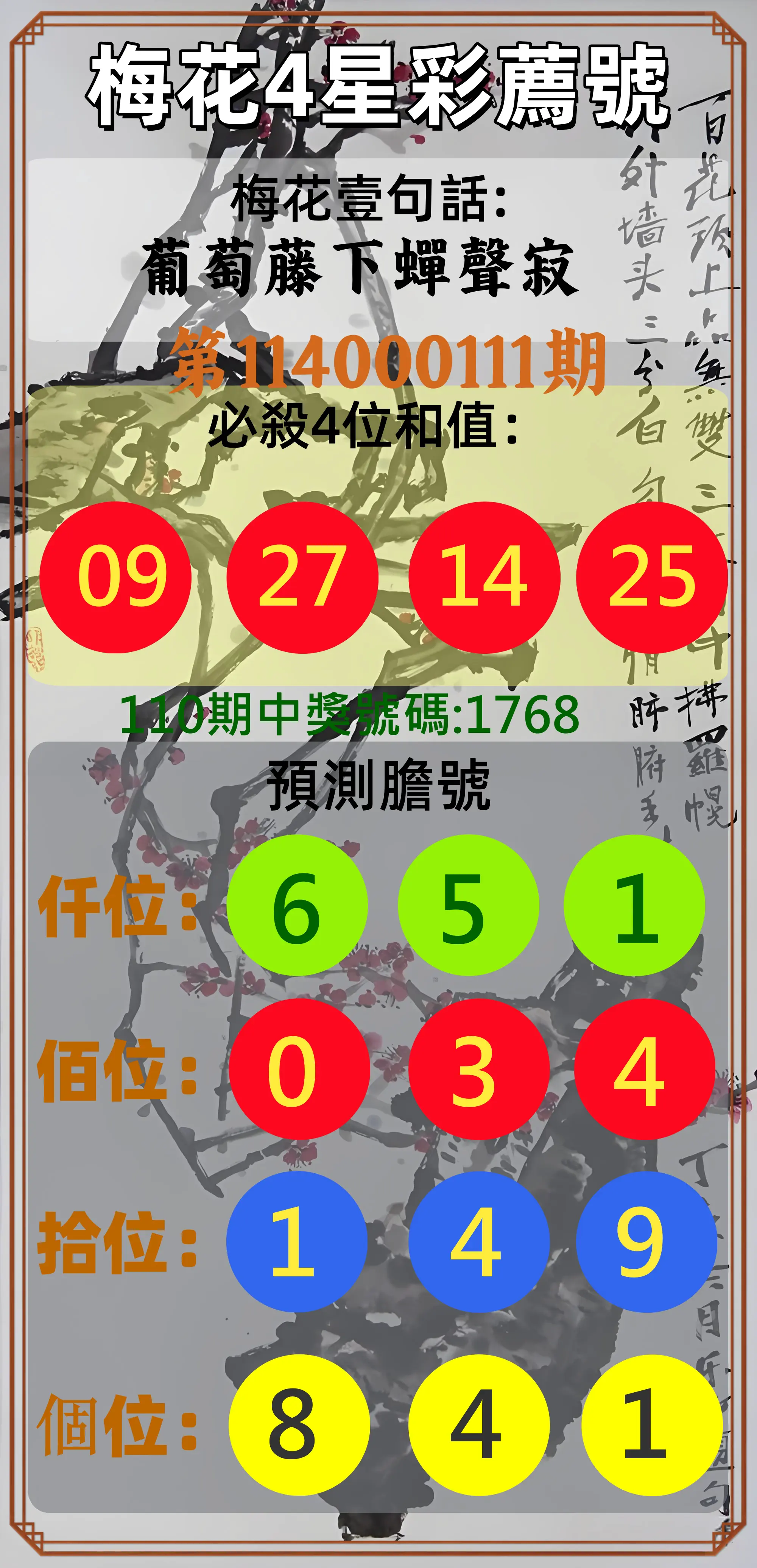 4星彩第114000111期梅花4星彩薦號