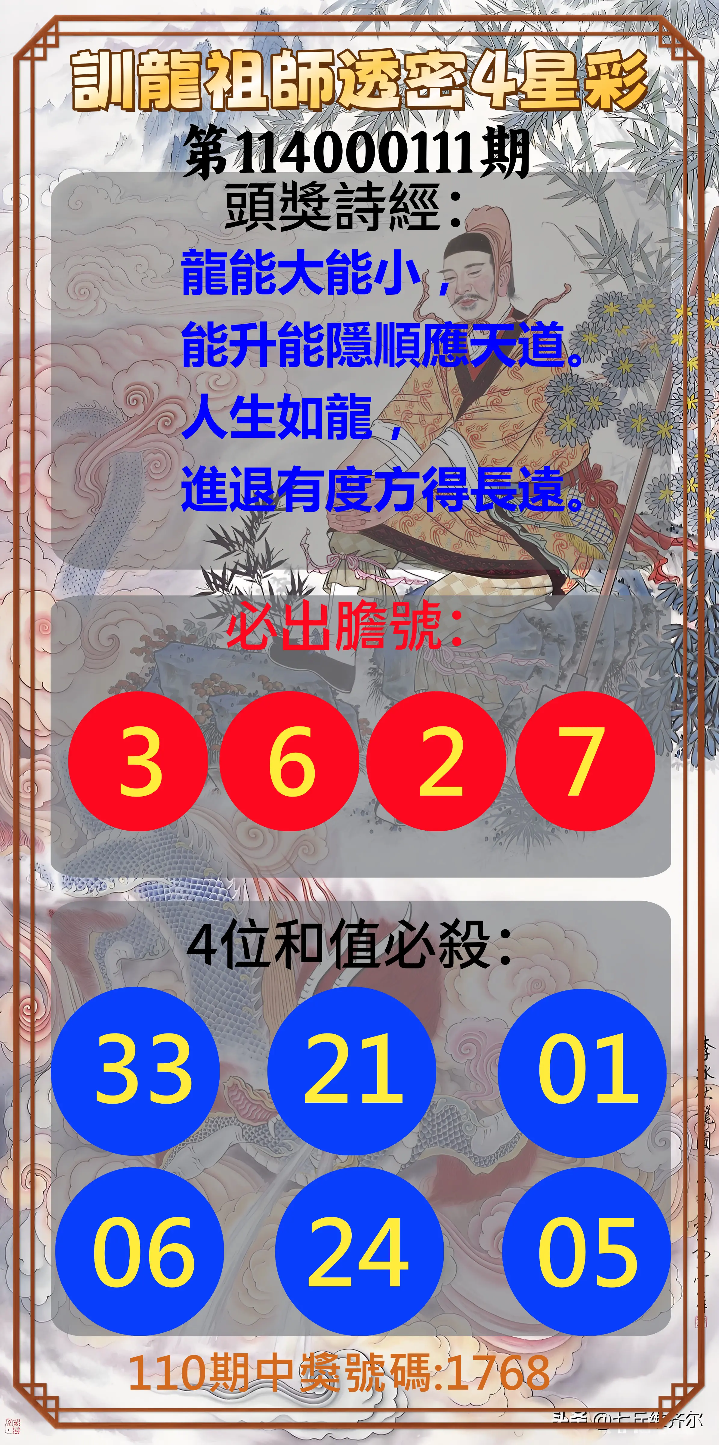 4星彩第114000111期訓龍祖師透密4星彩