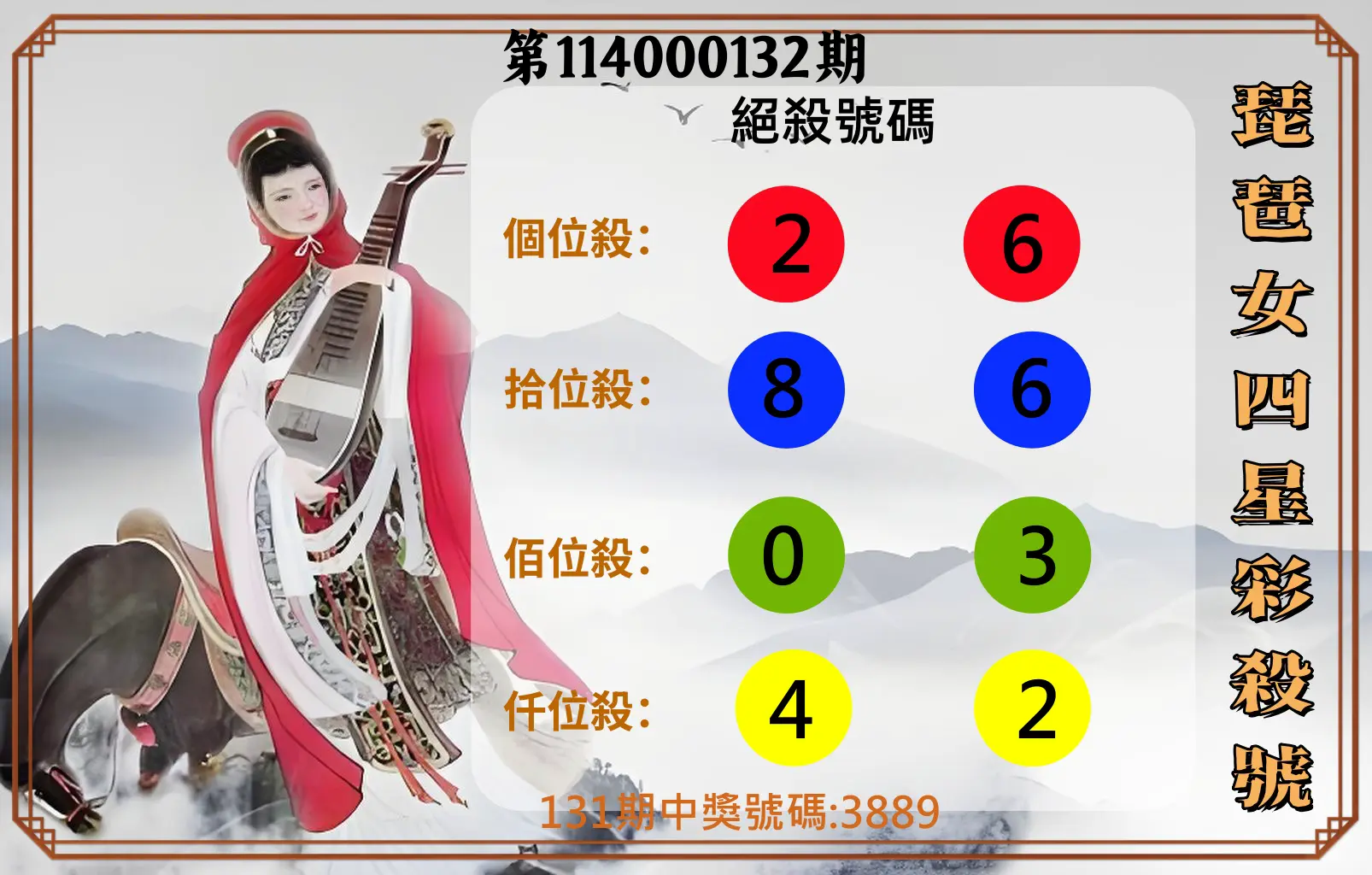 4星彩第114000132期琵琶女四星彩殺號