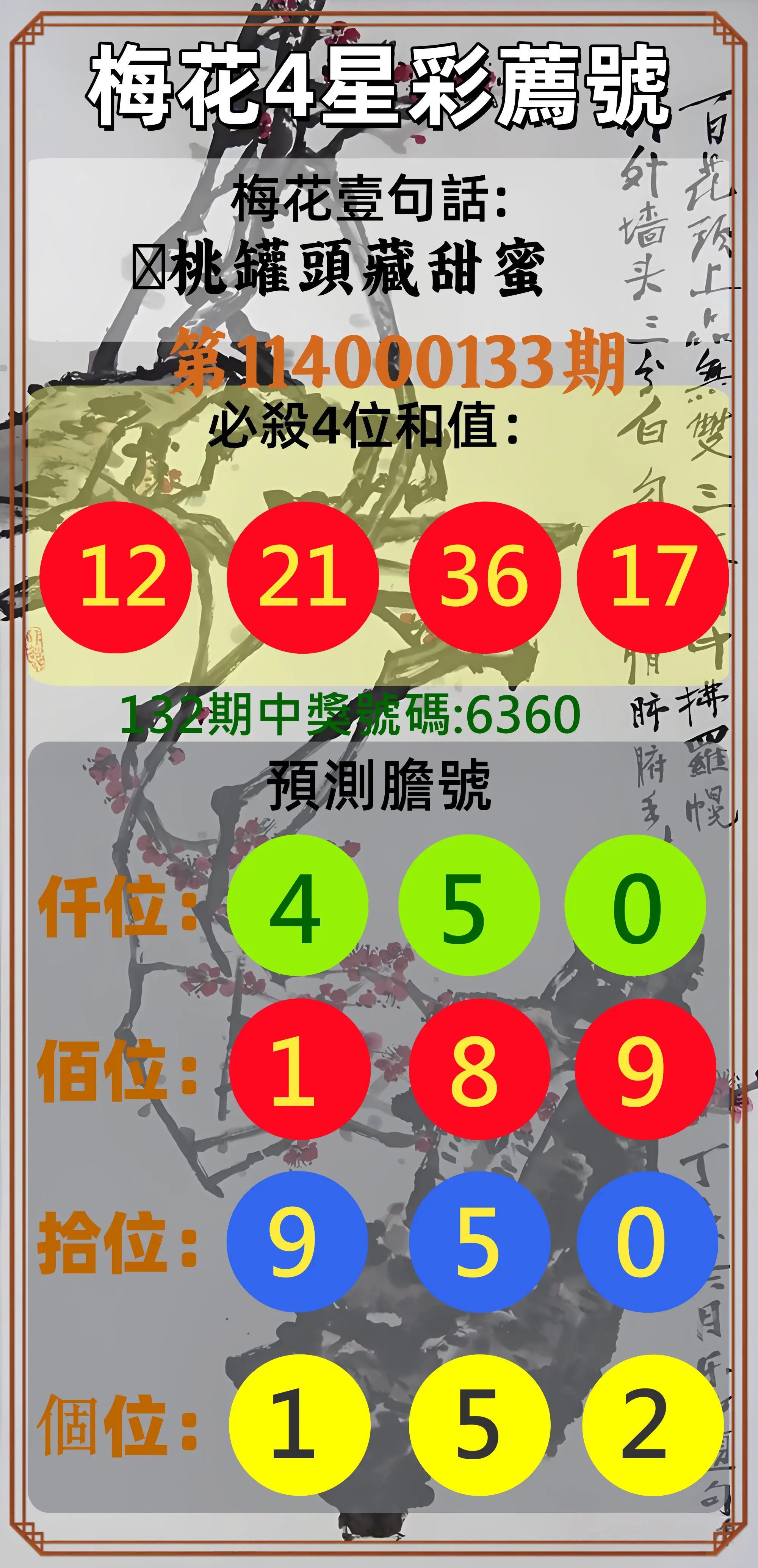 4星彩第114000133期梅花4星彩薦號