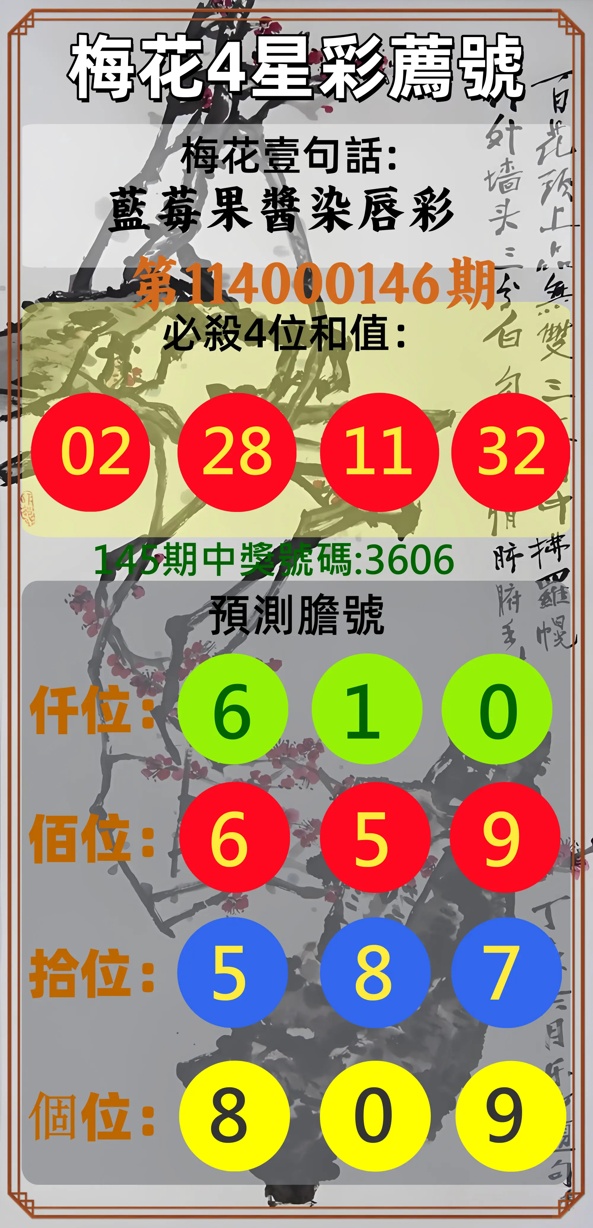 4星彩第114000146期梅花4星彩薦號