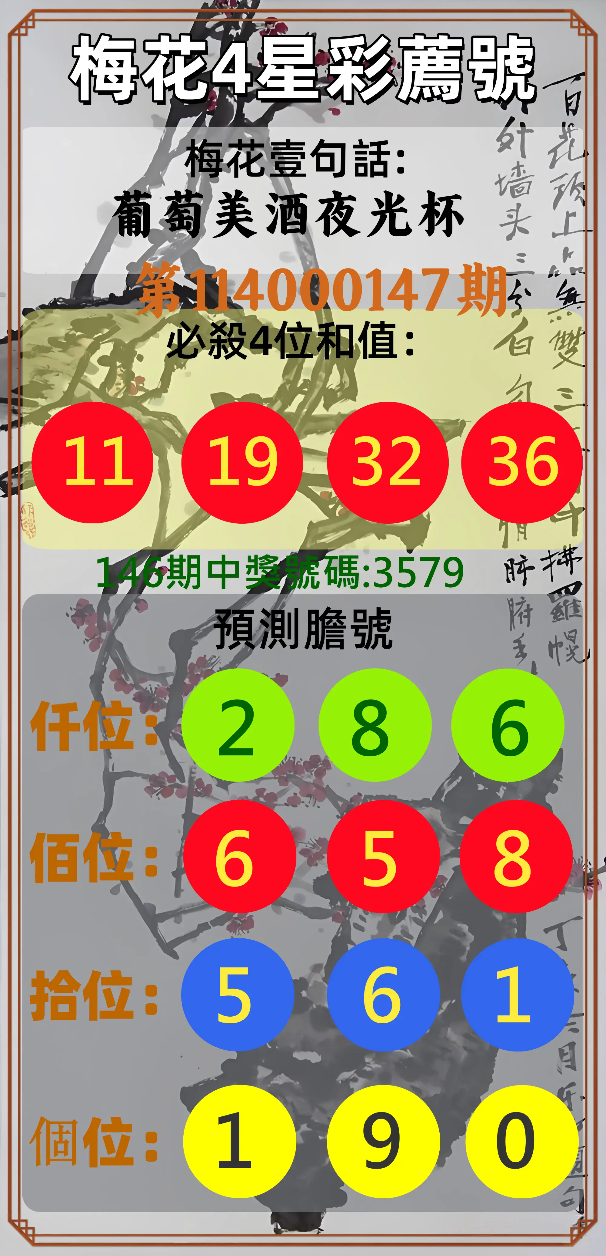 4星彩第114000147期梅花4星彩薦號