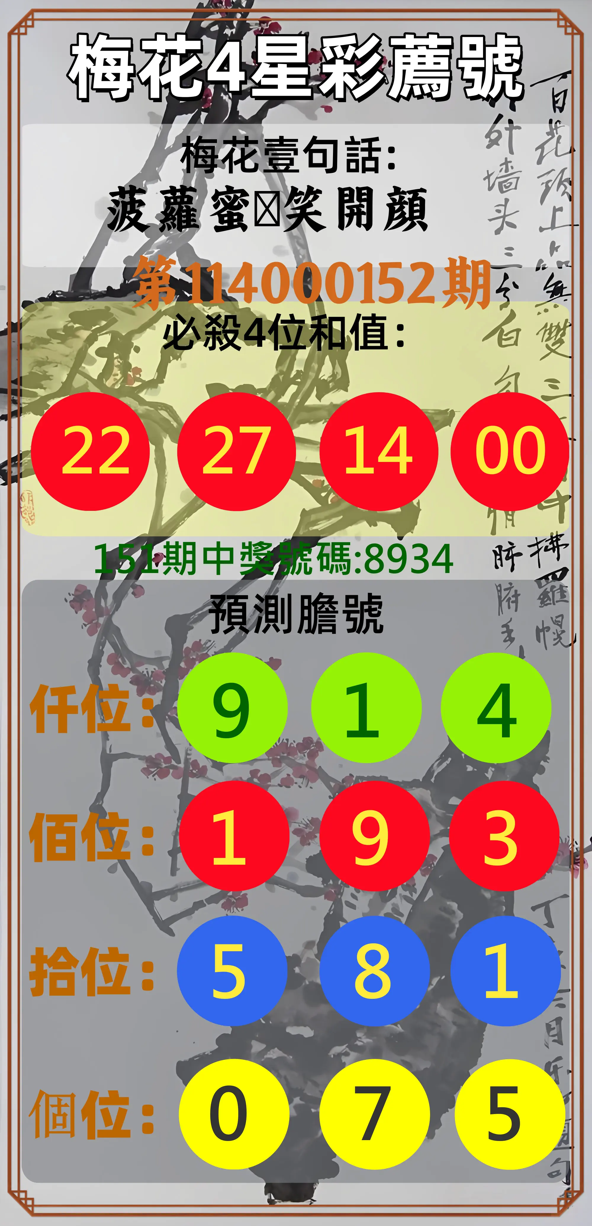 4星彩第114000152期梅花4星彩薦號