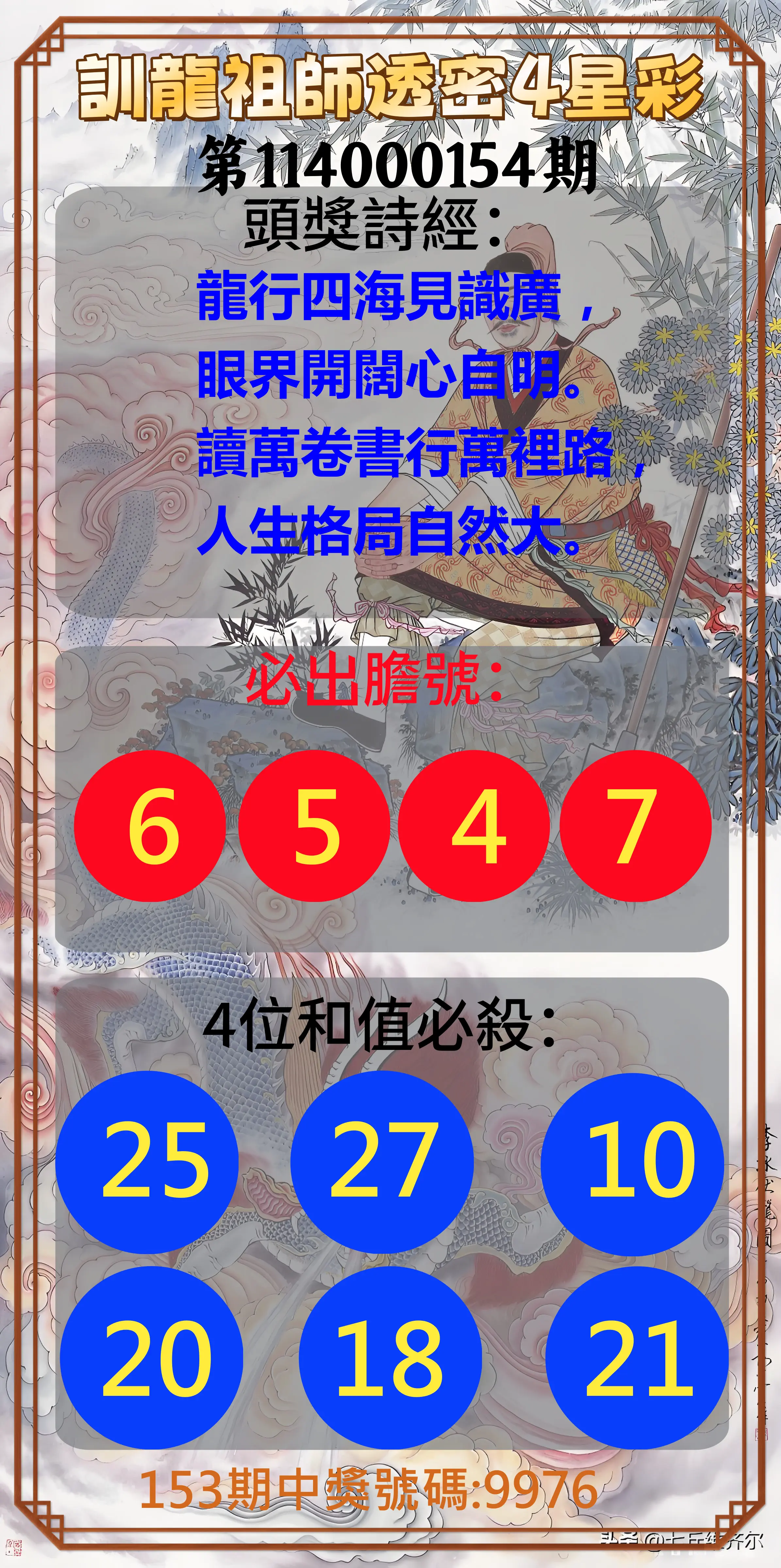 4星彩第114000154期訓龍祖師透密4星彩