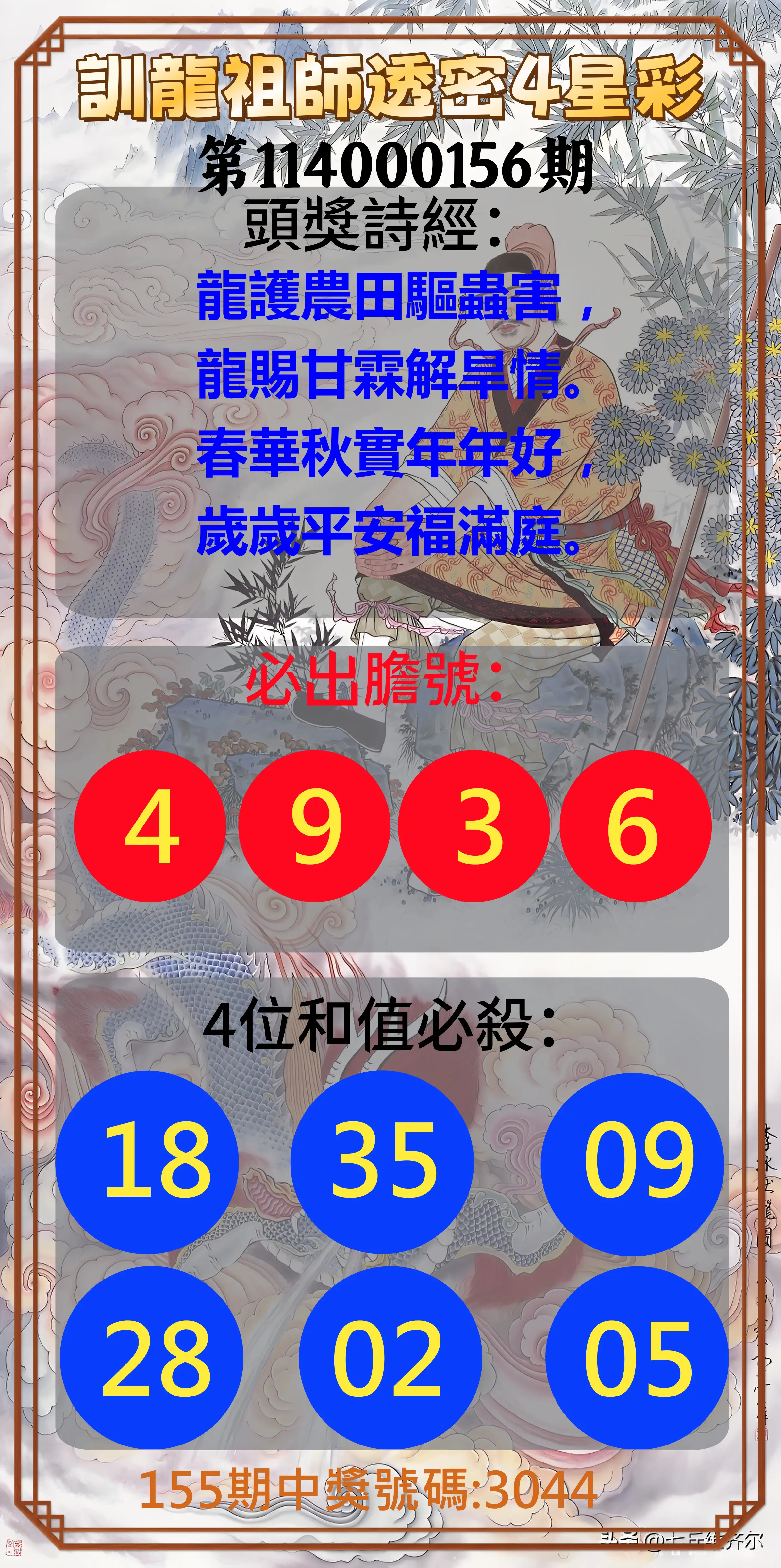 4星彩第114000156期訓龍祖師透密4星彩