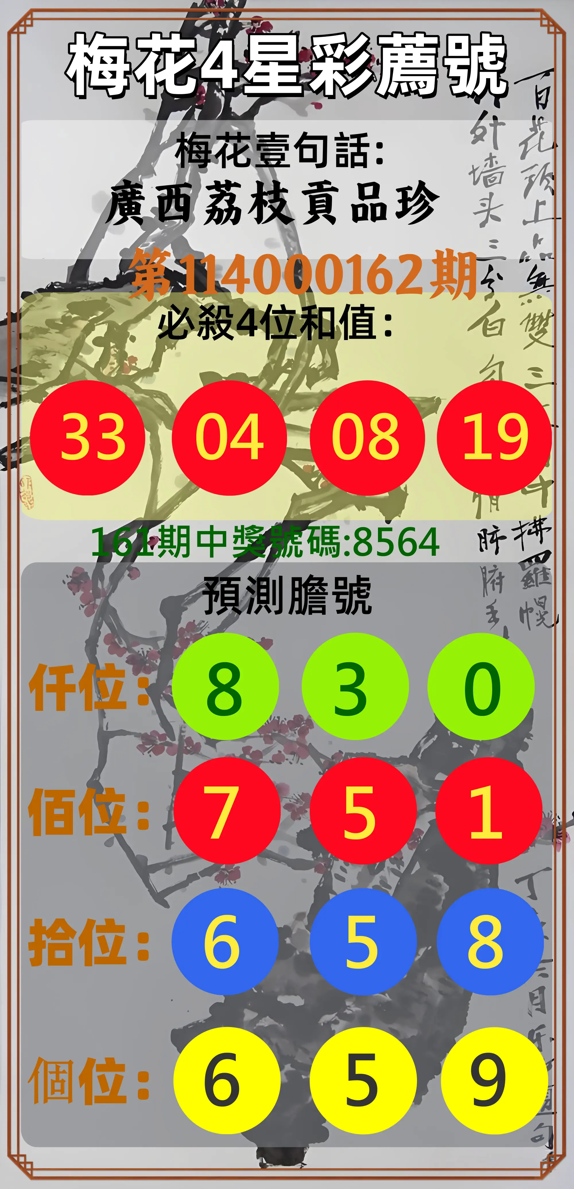 4星彩第114000162期(07/04)梅花4星彩薦號