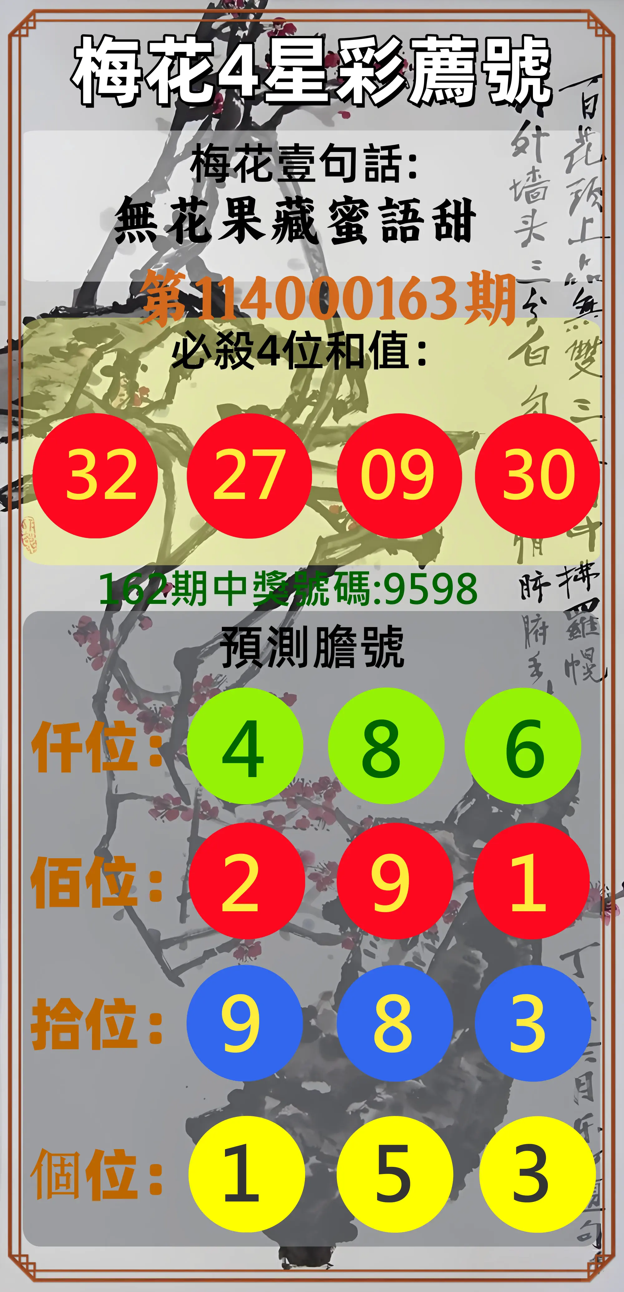 4星彩第114000163期(07/07)梅花4星彩薦號