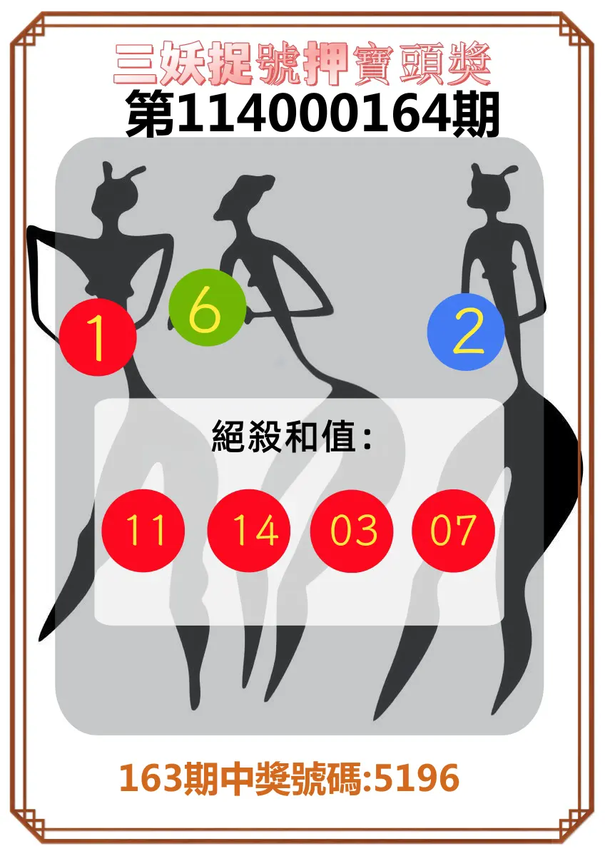 4星彩第114000164期(07/08)三妖捉號押寶頭獎
