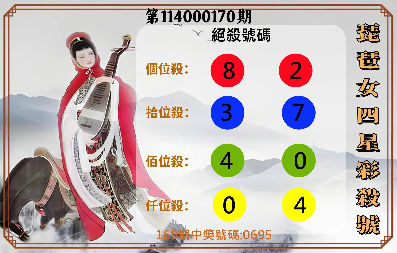 4星彩第114000170期(07/14)琵琶女四星彩殺號