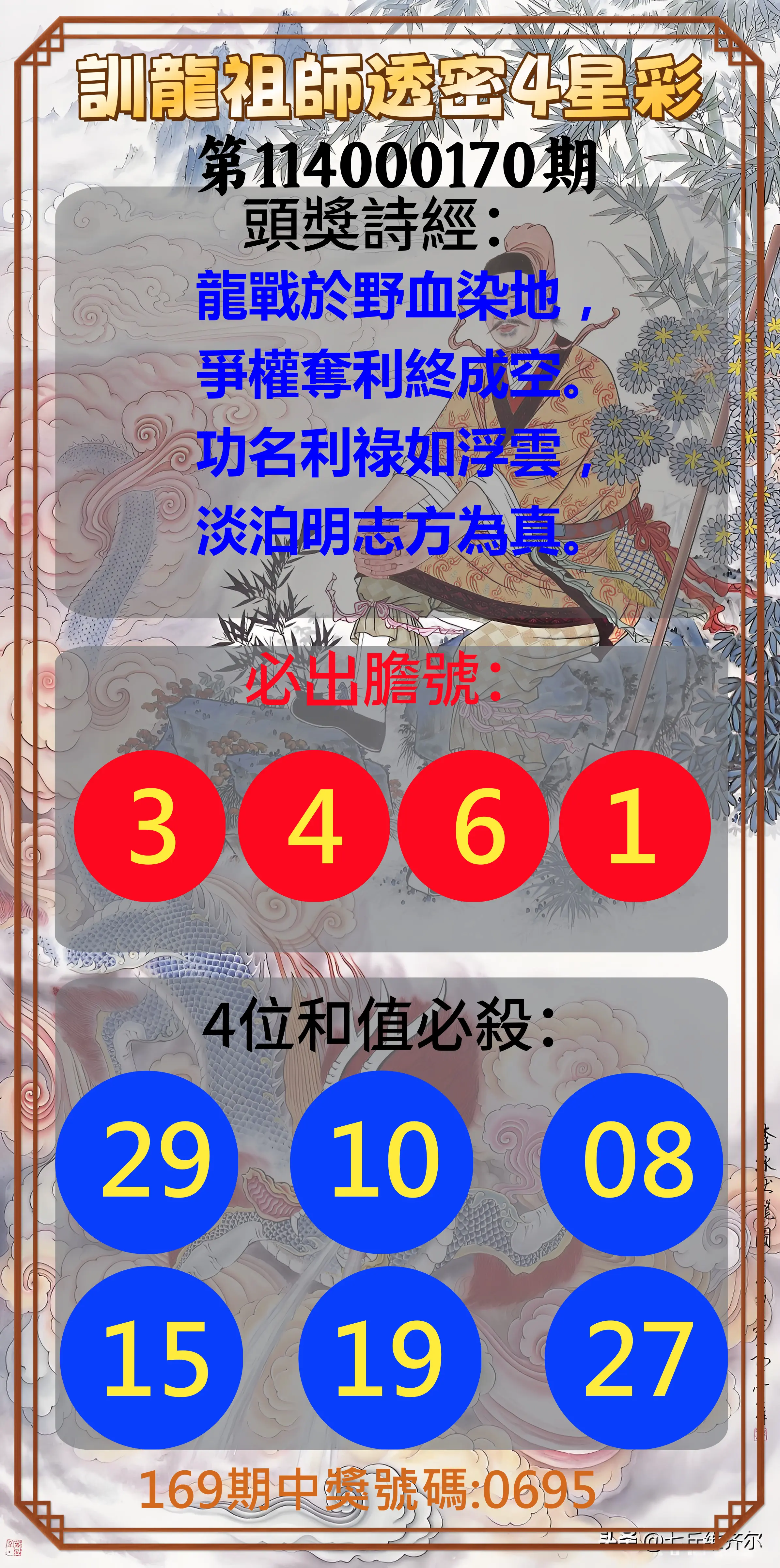 4星彩第114000170期(07/14)訓龍祖師透密4星彩