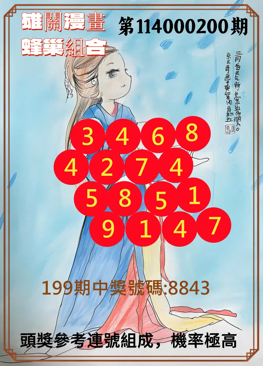 4星彩第114000200期(08/18)雄關漫畫蜂巢組合