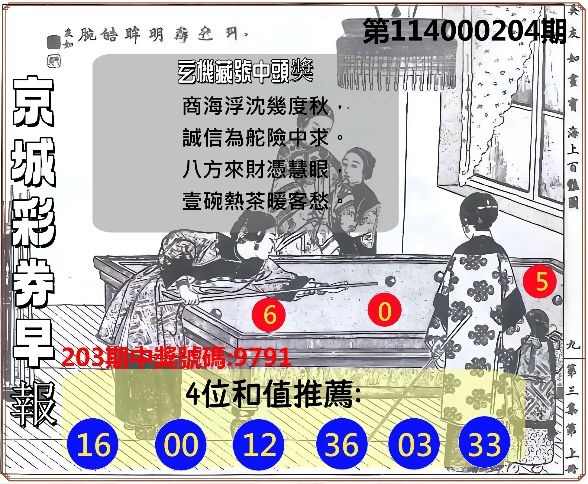 4星彩第114000204期(08/22)京城彩券早報