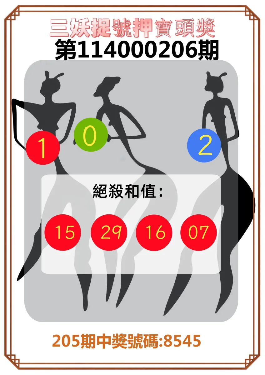 4星彩第114000206期(08/25)三妖捉號押寶頭獎