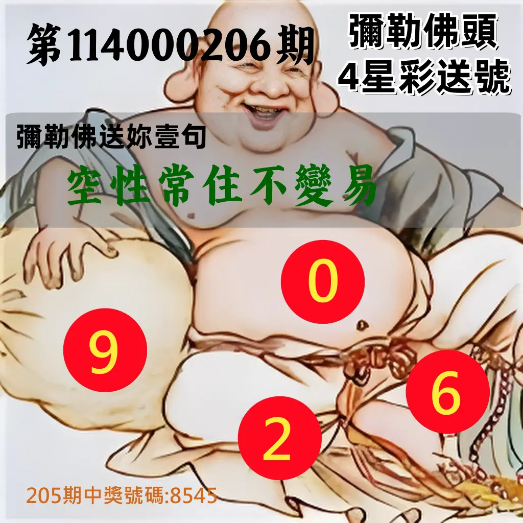 4星彩第114000206期(08/25)彌勒佛頭4星彩送號