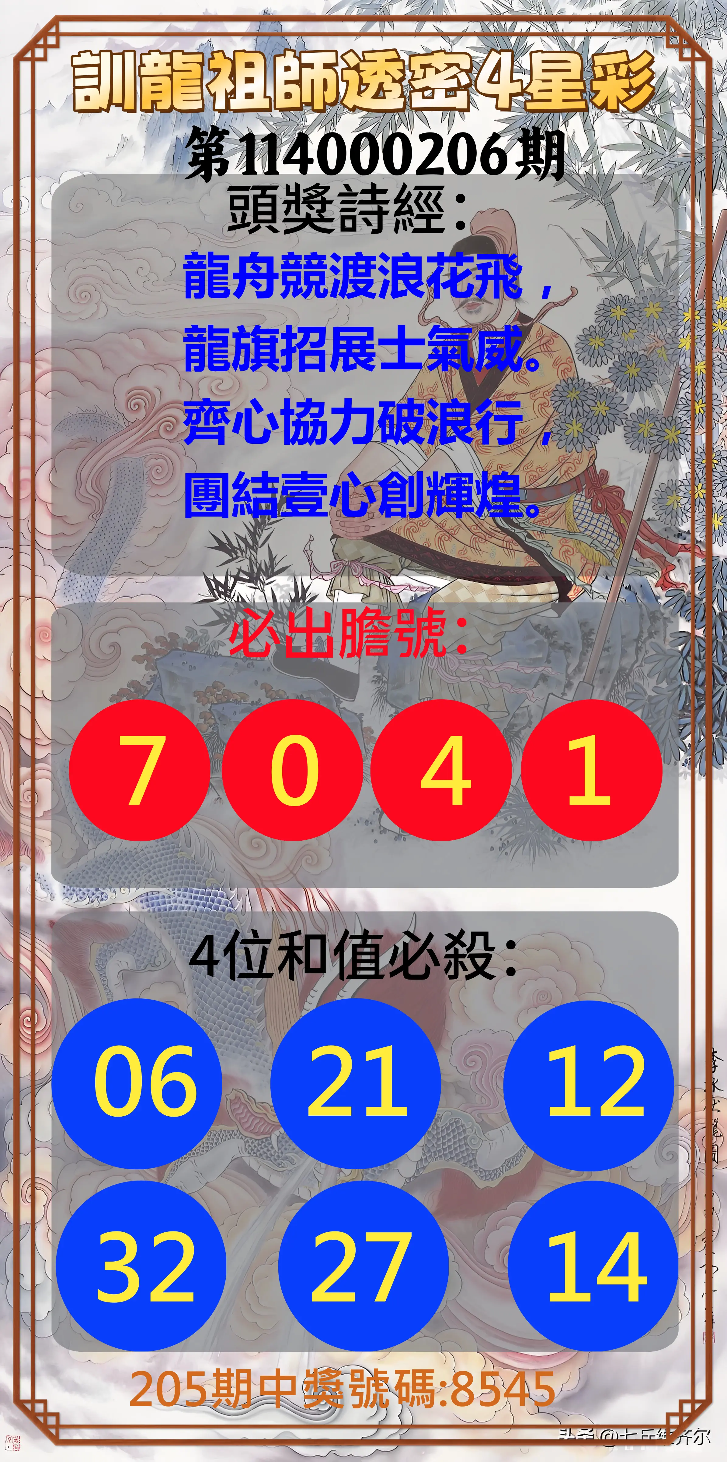 4星彩第114000206期(08/25)訓龍祖師透密4星彩