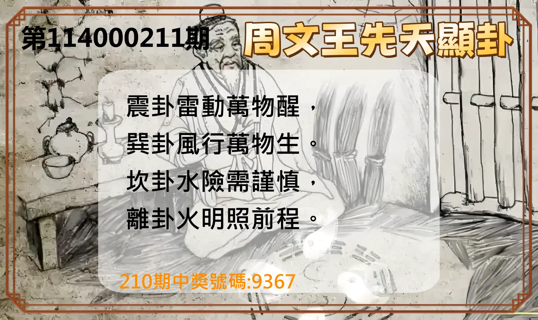 4星彩第114000211期(08/30)周文王先天顯卦