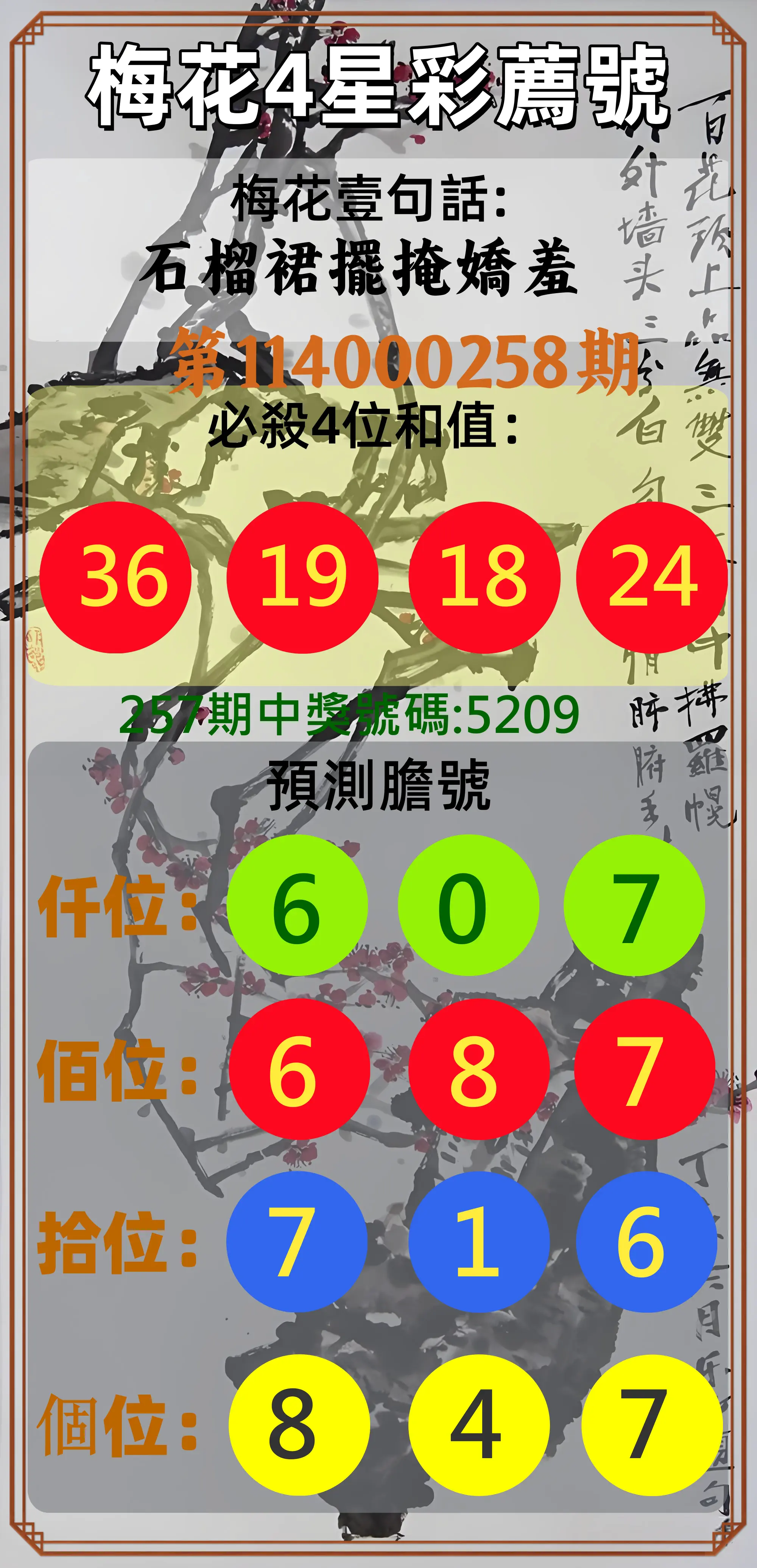 4星彩第114000258期(10/24)梅花4星彩薦號
