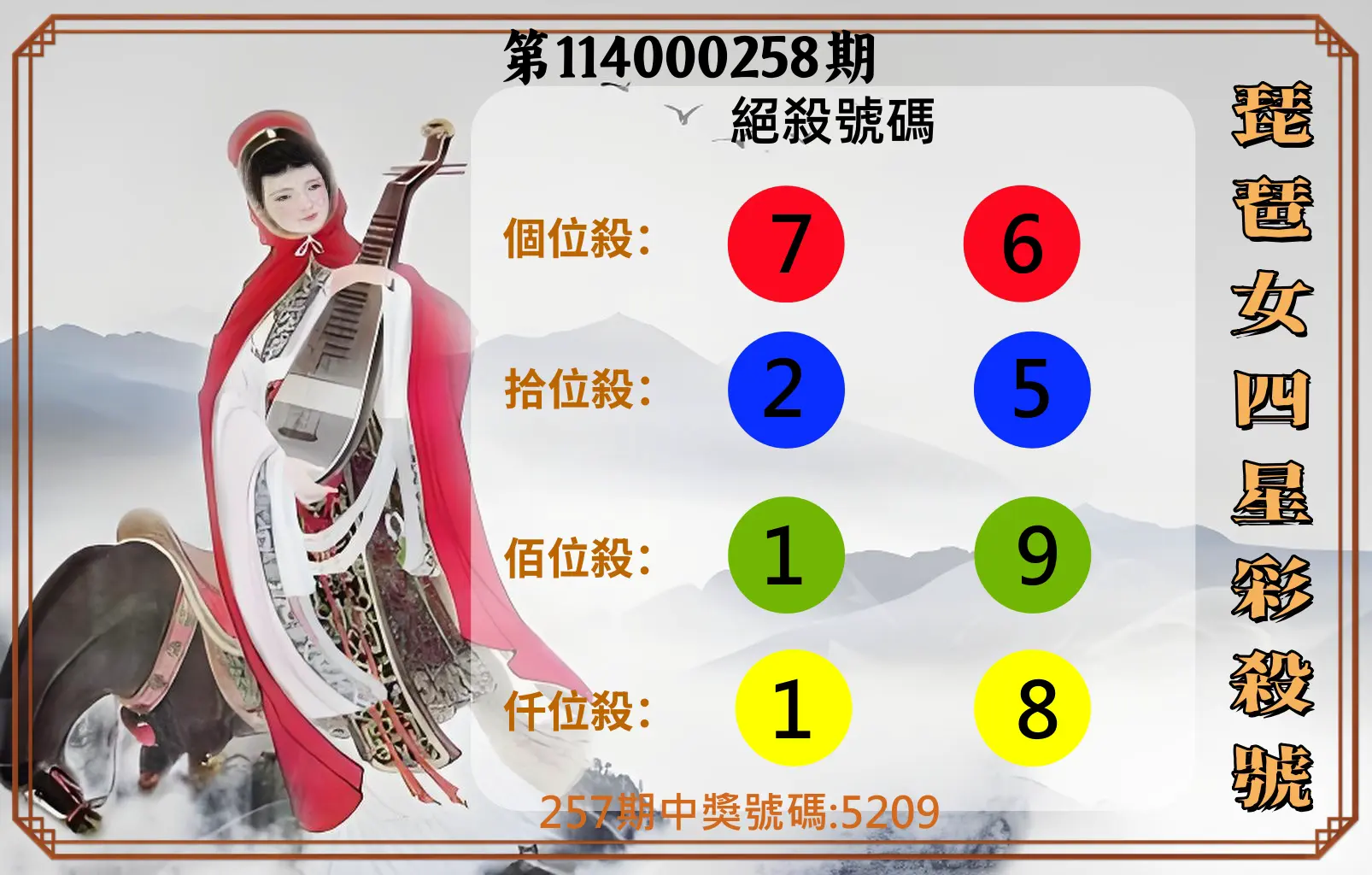 4星彩第114000258期(10/24)琵琶女四星彩殺號