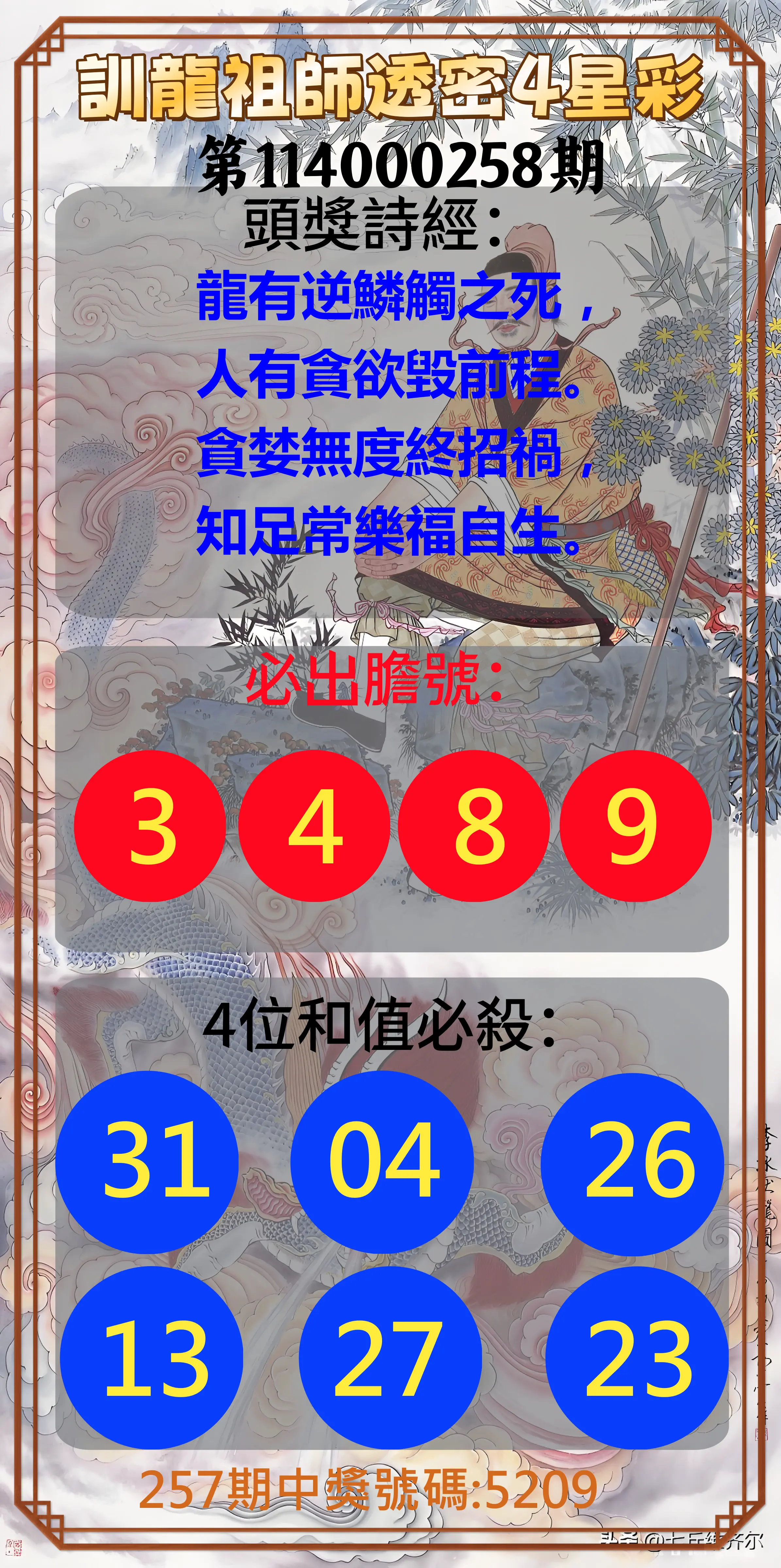 4星彩第114000258期(10/24)訓龍祖師透密4星彩