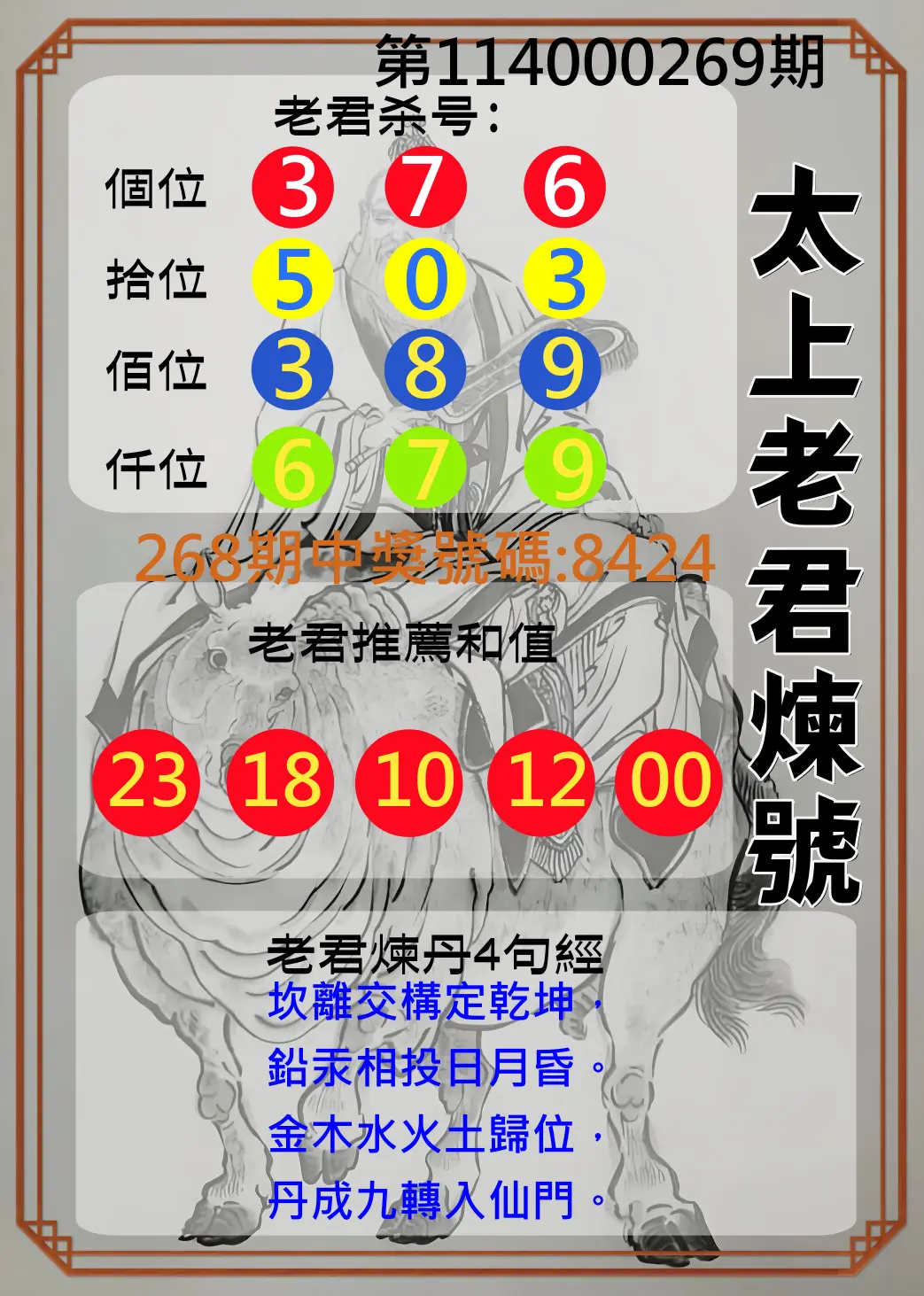 4星彩第114000269期(11/06)太上老君煉號