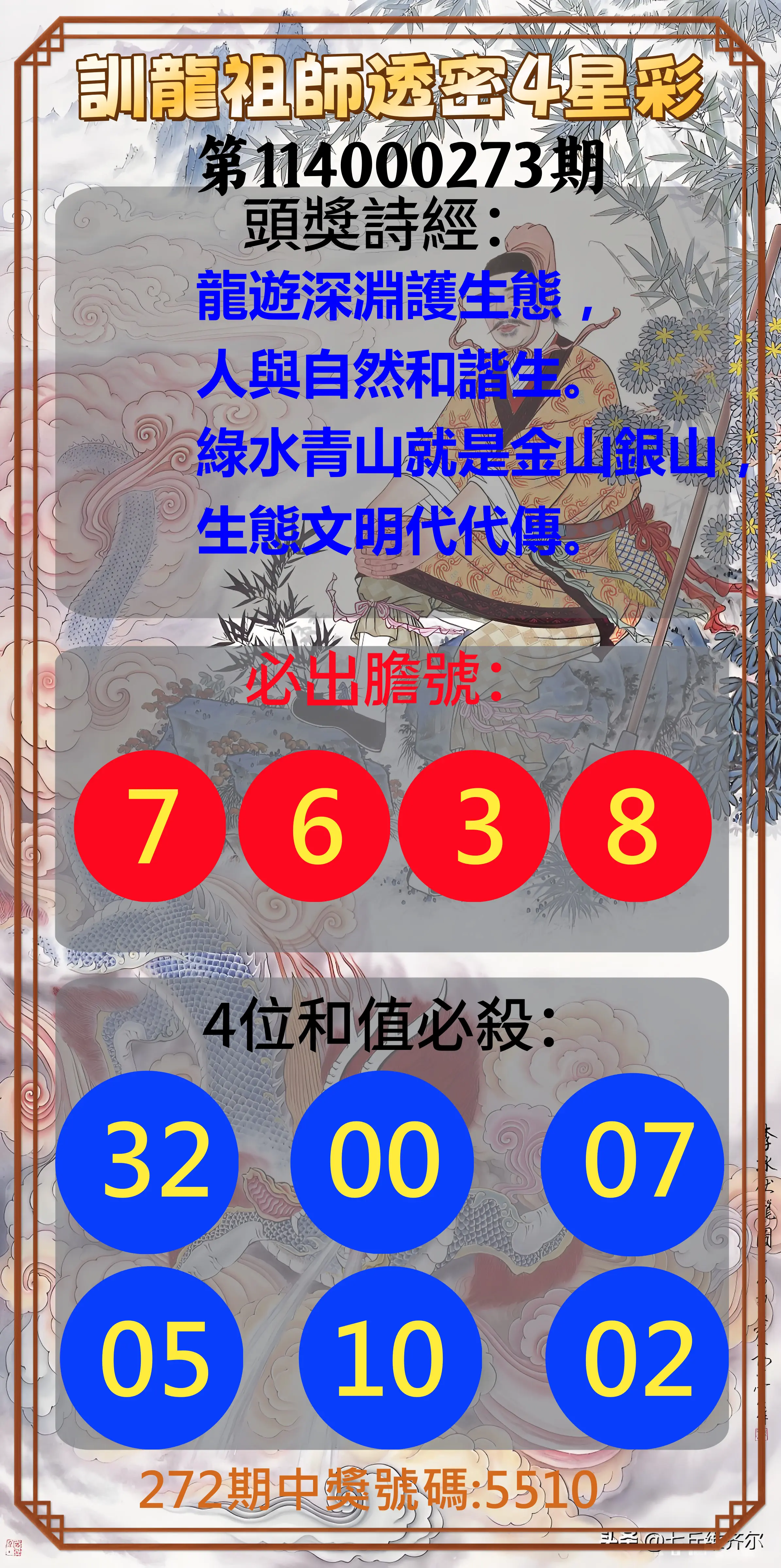 4星彩第114000273期(11/11)訓龍祖師透密4星彩