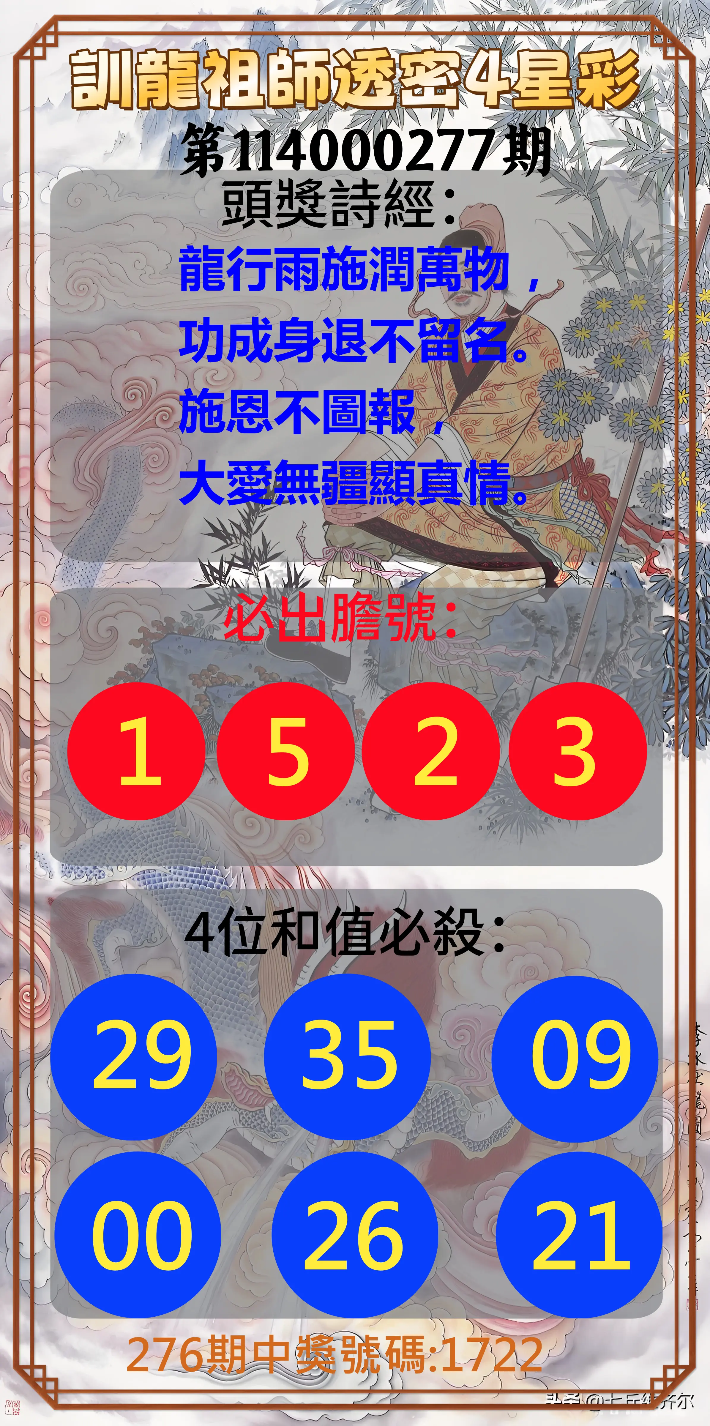 4星彩第114000277期(11/15)訓龍祖師透密4星彩